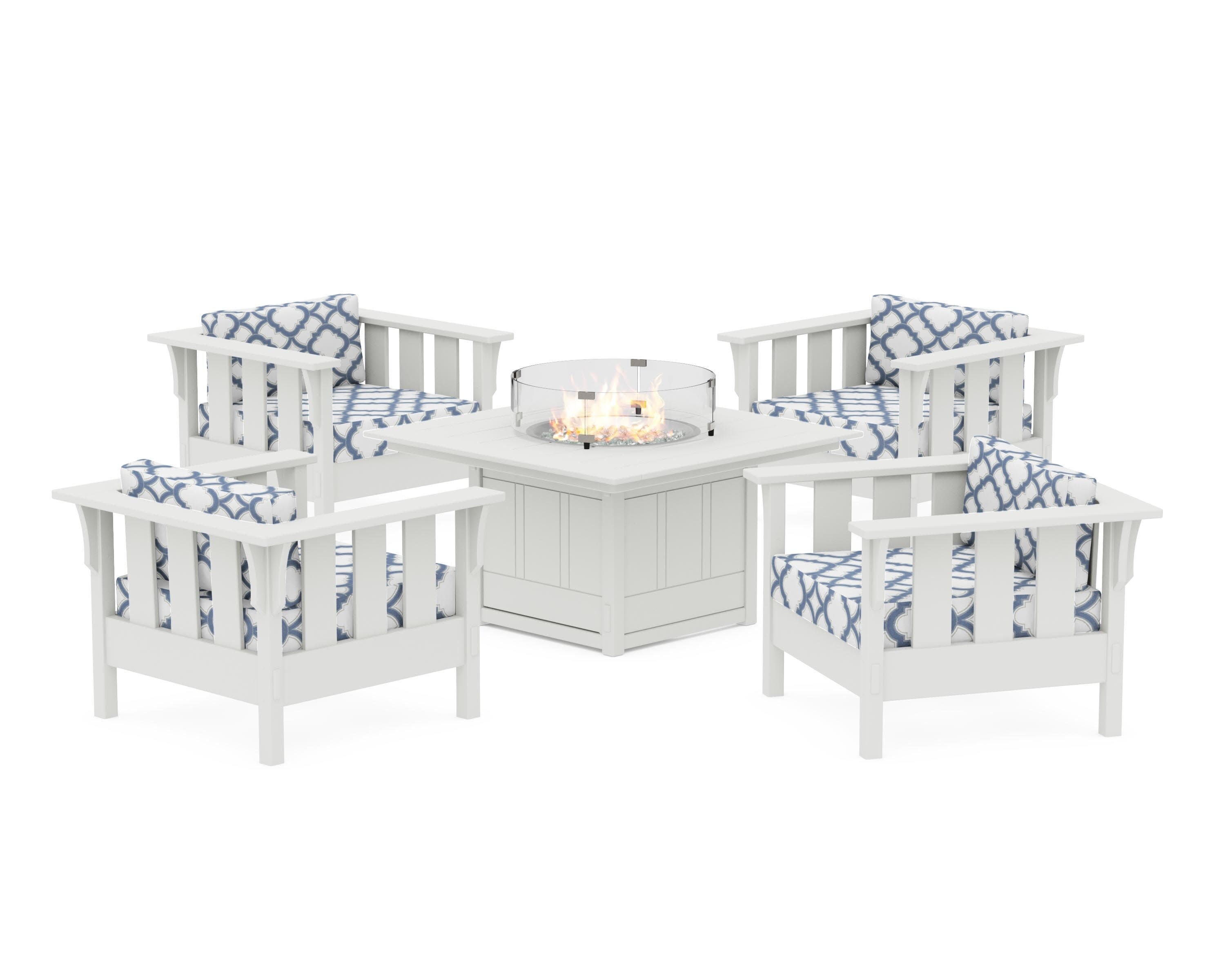 Acadia 5-Piece Deep Seating Set with Fire Pit Table in Vintage White / Trellis Sky Blue