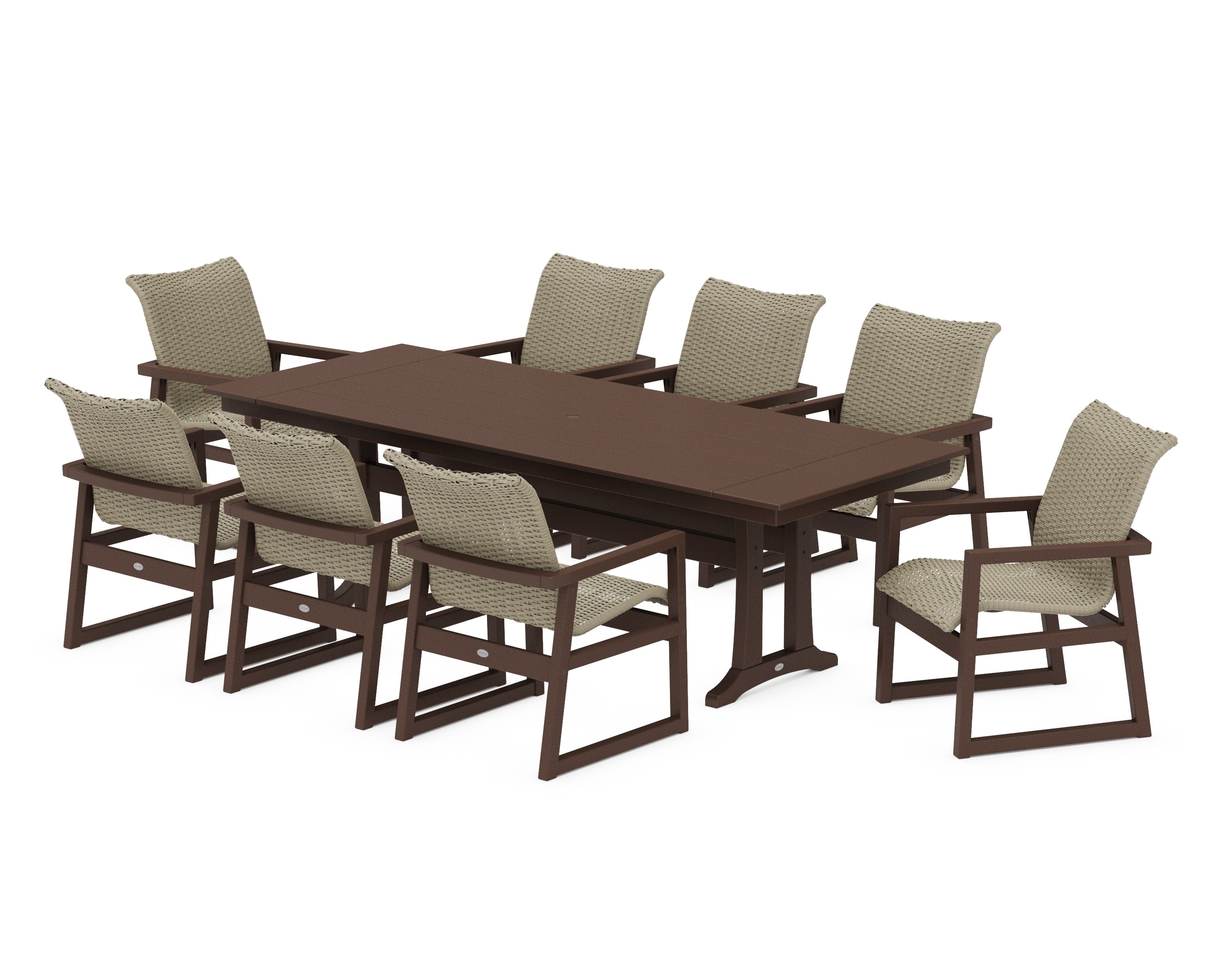 EDGE Woven 9-Piece Farmhouse Dining Set with Trestle Legs in Mahogany / Dune Grass