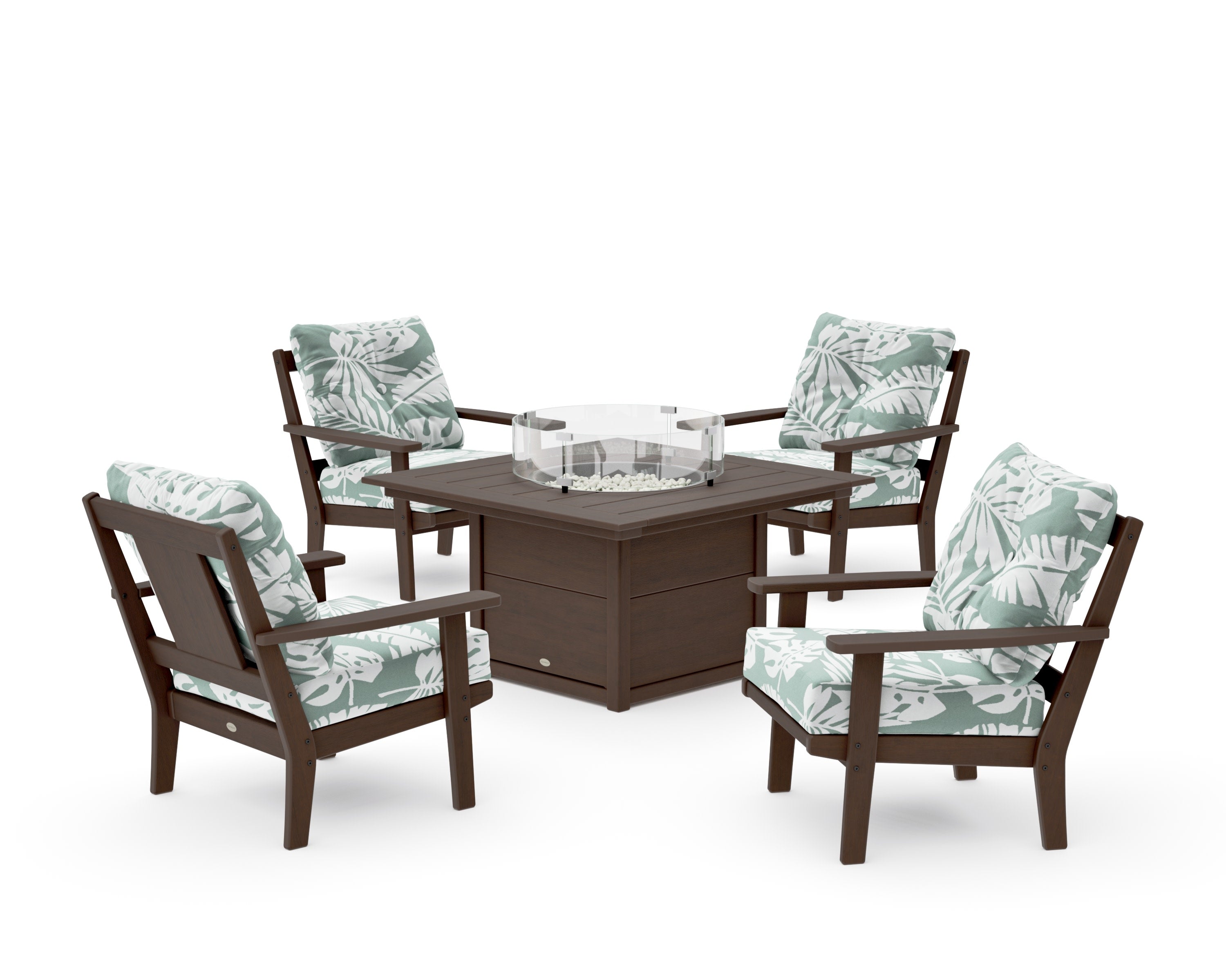 Prairie 5-Piece Deep Seating Set with Fire Pit Table in Kona / Leaf Glacier Spa