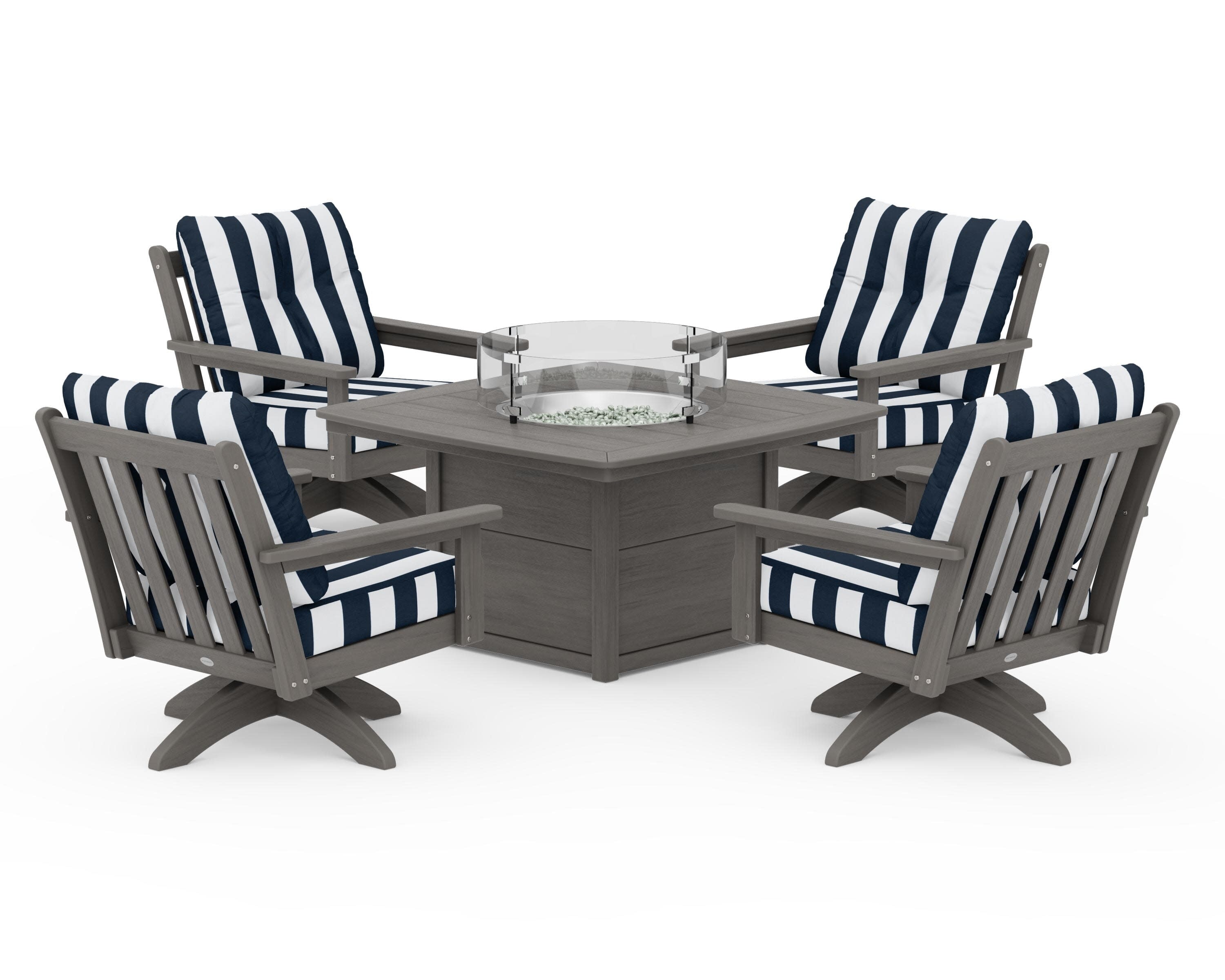 Vineyard 5-Piece Deep Seating Swivel Conversation Set with Fire Pit Table in Driftwood / Cabana Stripe Marine Indigo