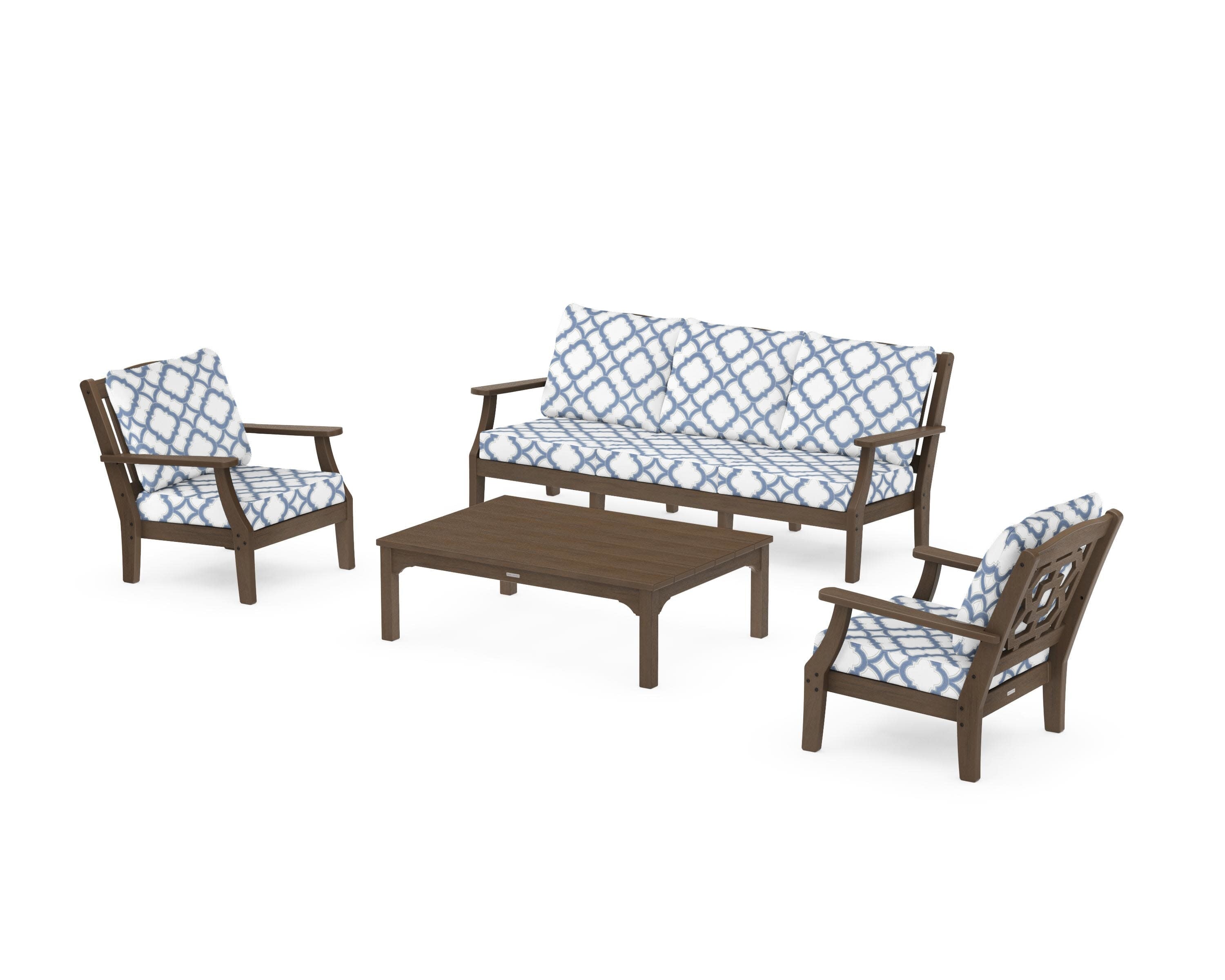 Chinoiserie 4-Piece Deep Seating Set with Sofa in Kona / Trellis Sky Blue