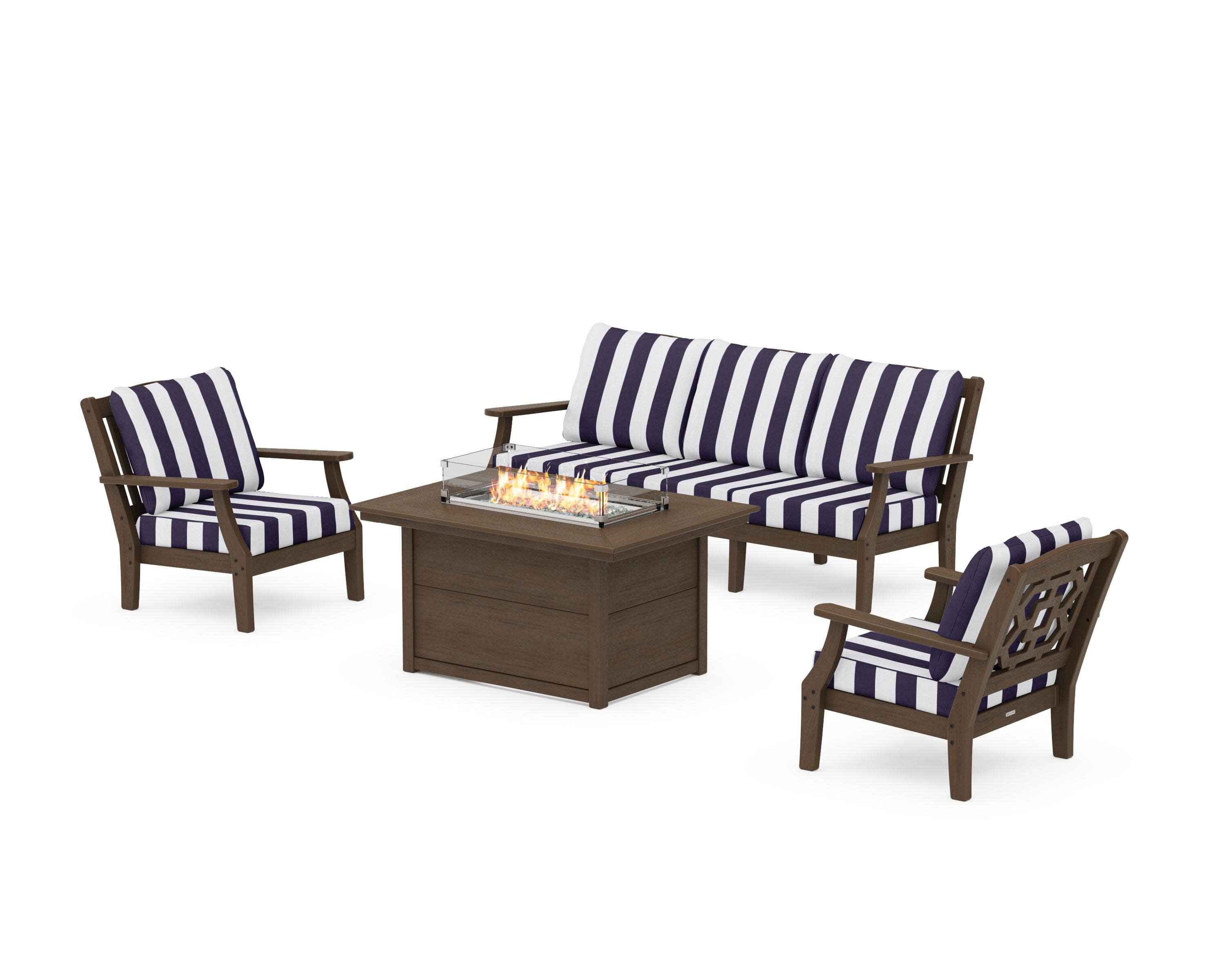 Chinoiserie Deep Seating Fire Pit Table Set in Kona / Cabana Stripe Navy