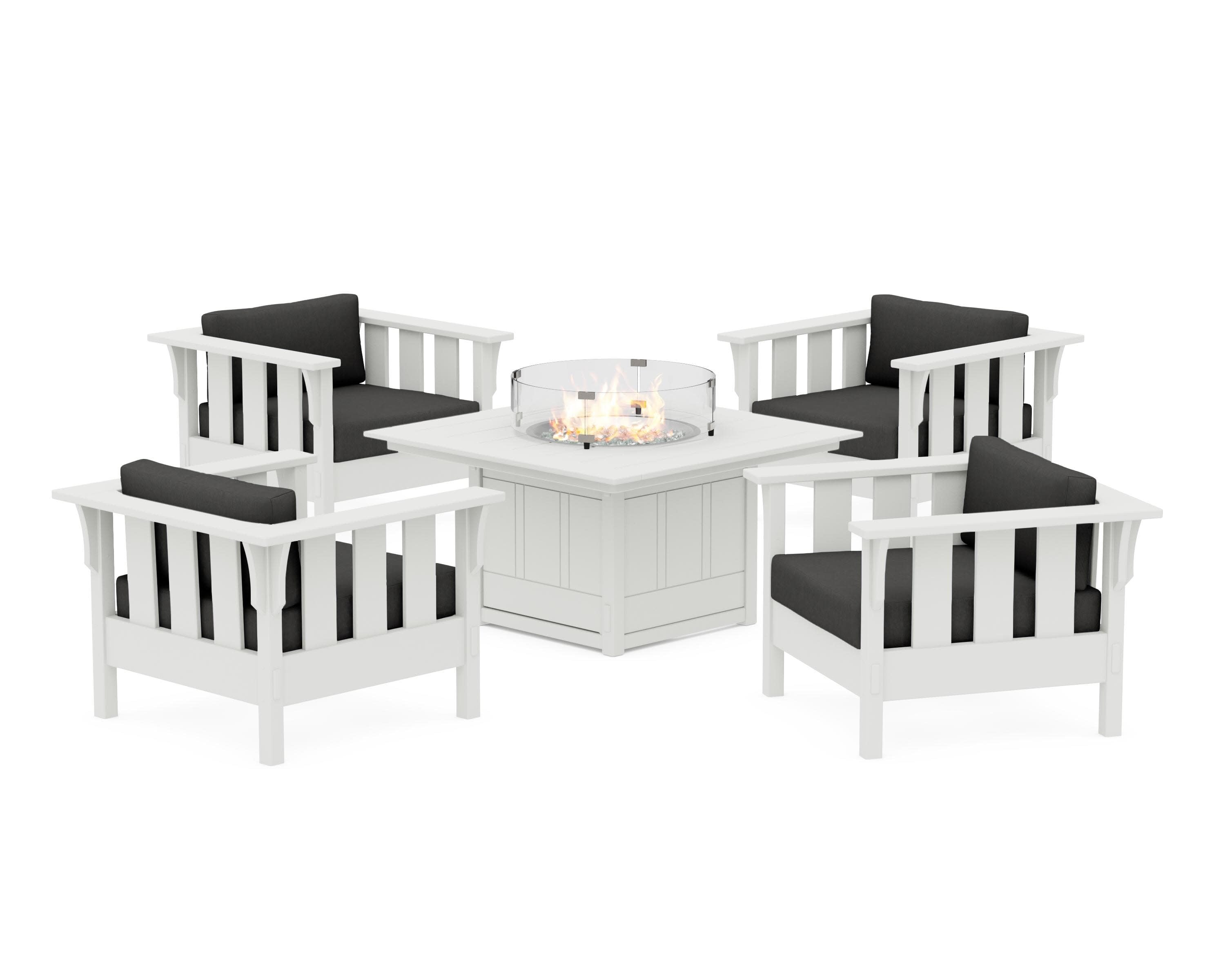 Acadia 5-Piece Deep Seating Set with Fire Pit Table in Vintage White / Spectrum Carbon