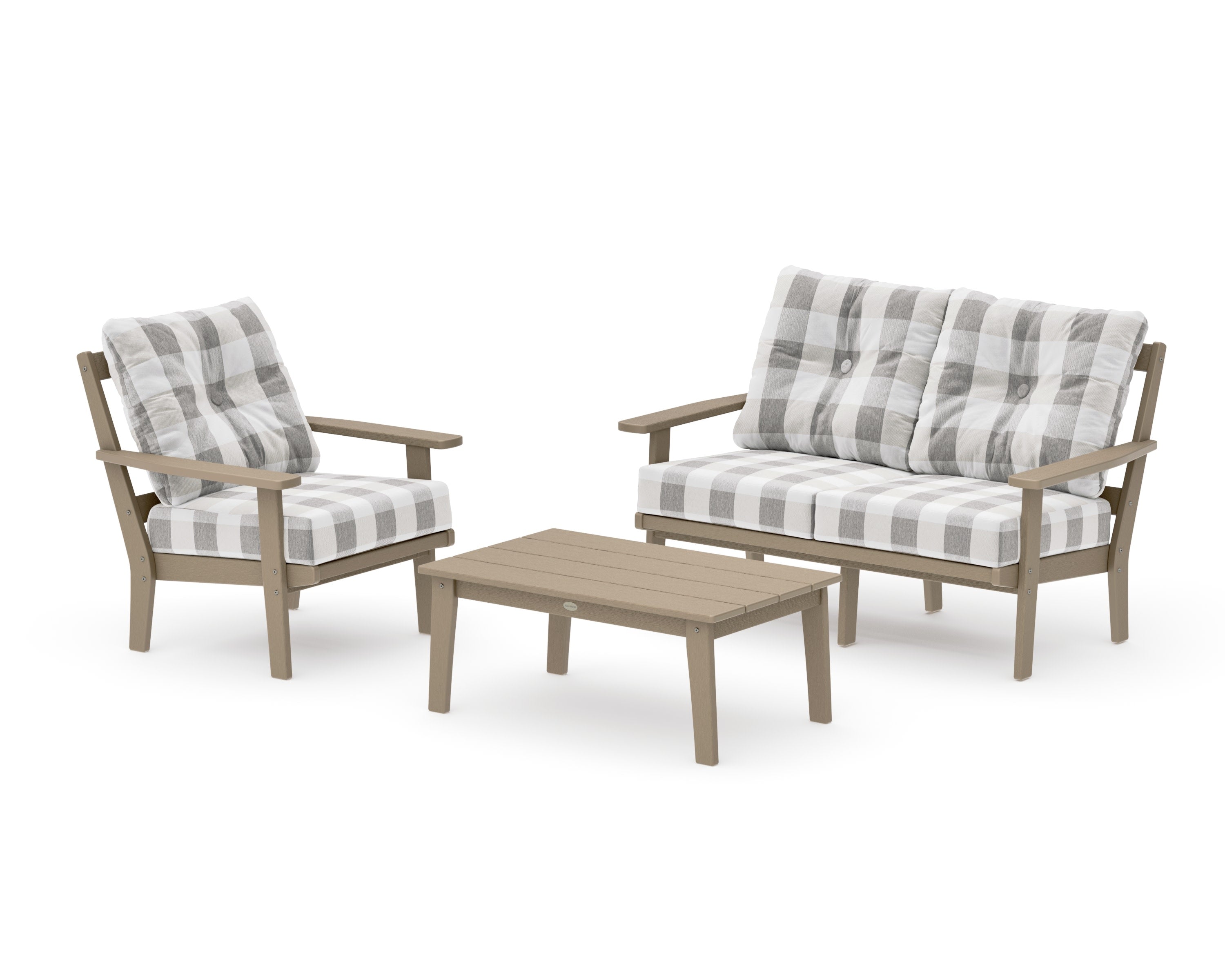 Prairie 3-Piece Deep Seating Set with Loveseat in Vintage Sahara / Buffalo Plaid Grey Mist