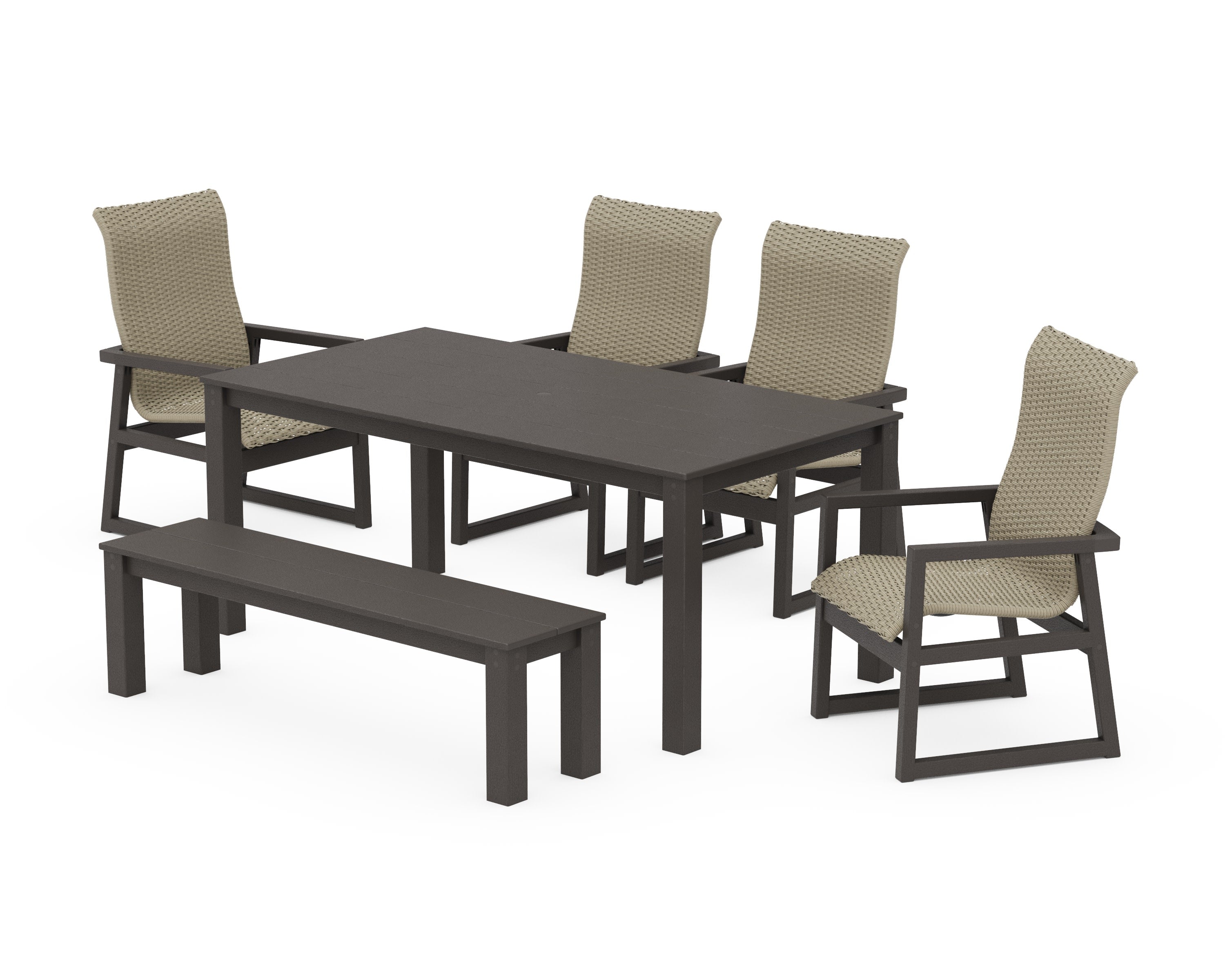 EDGE Woven Highback 6-Piece Parsons Dining Set with Bench in Vintage Coffee / Dune Grass