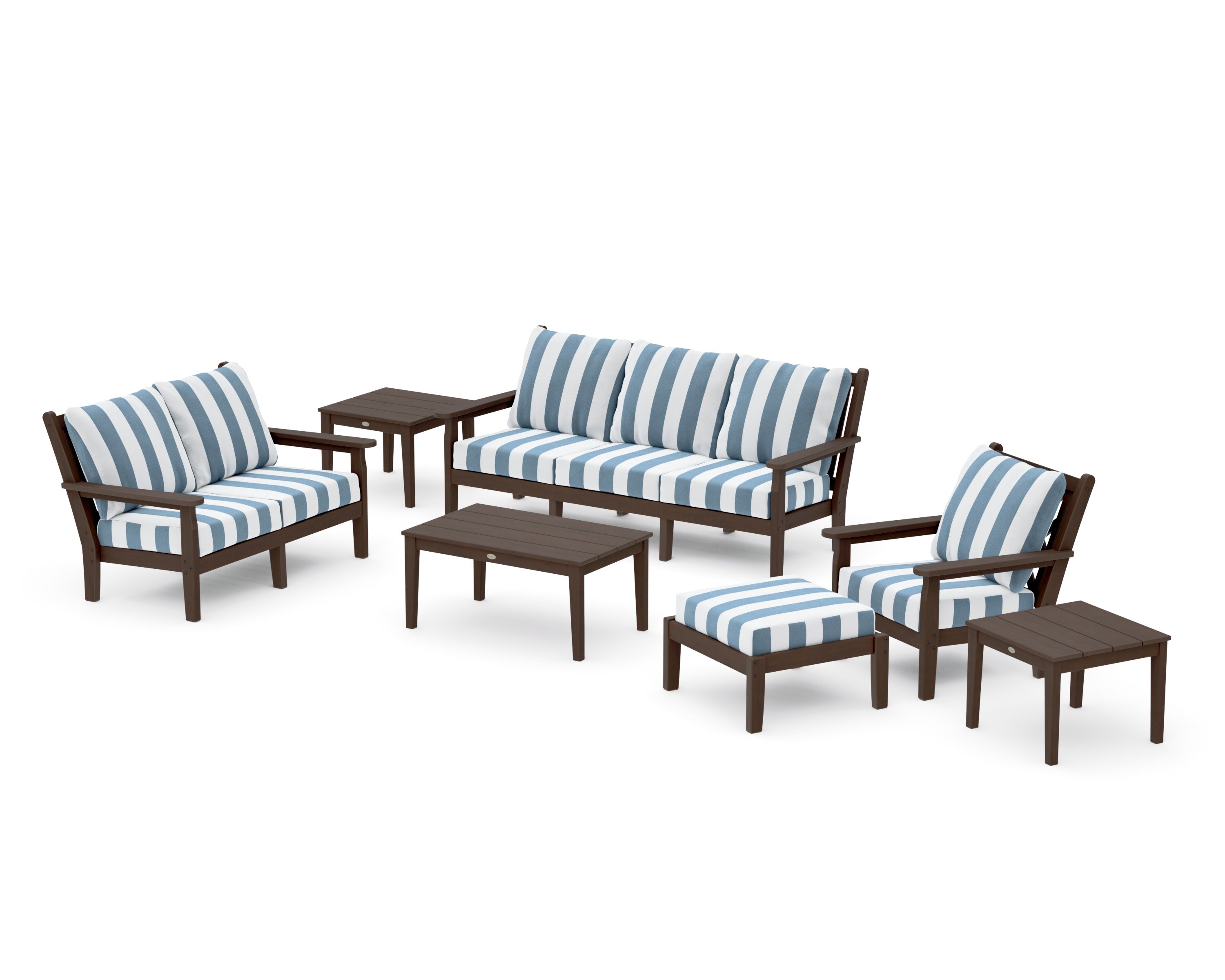 Chippendale 7-Piece Deep Seating Set in Kona / Cabana Stripe Sky Blue