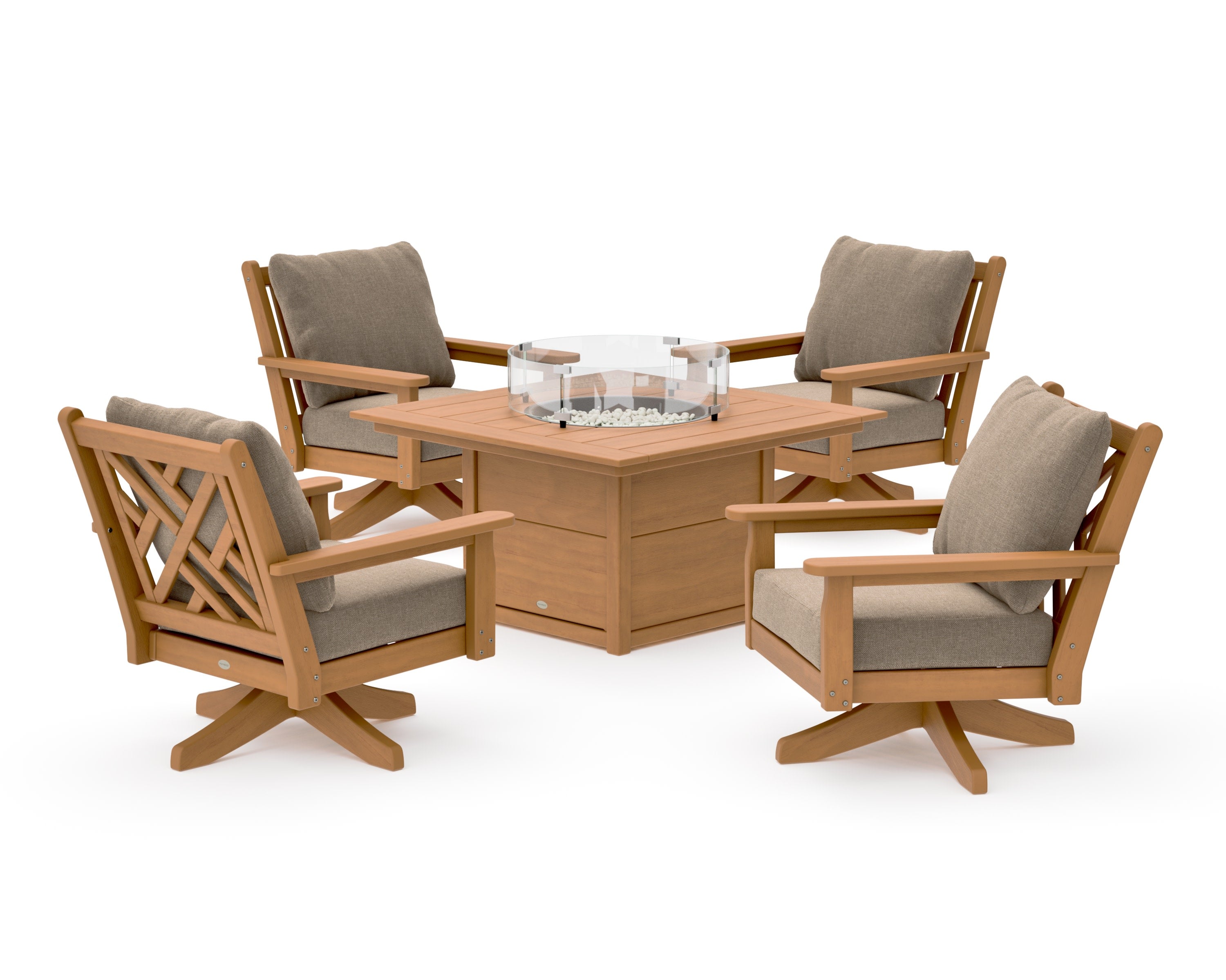 Chippendale 5-Piece Deep Seating Swivel Conversation Set with Fire Pit Table in Natural / Spiced Burlap