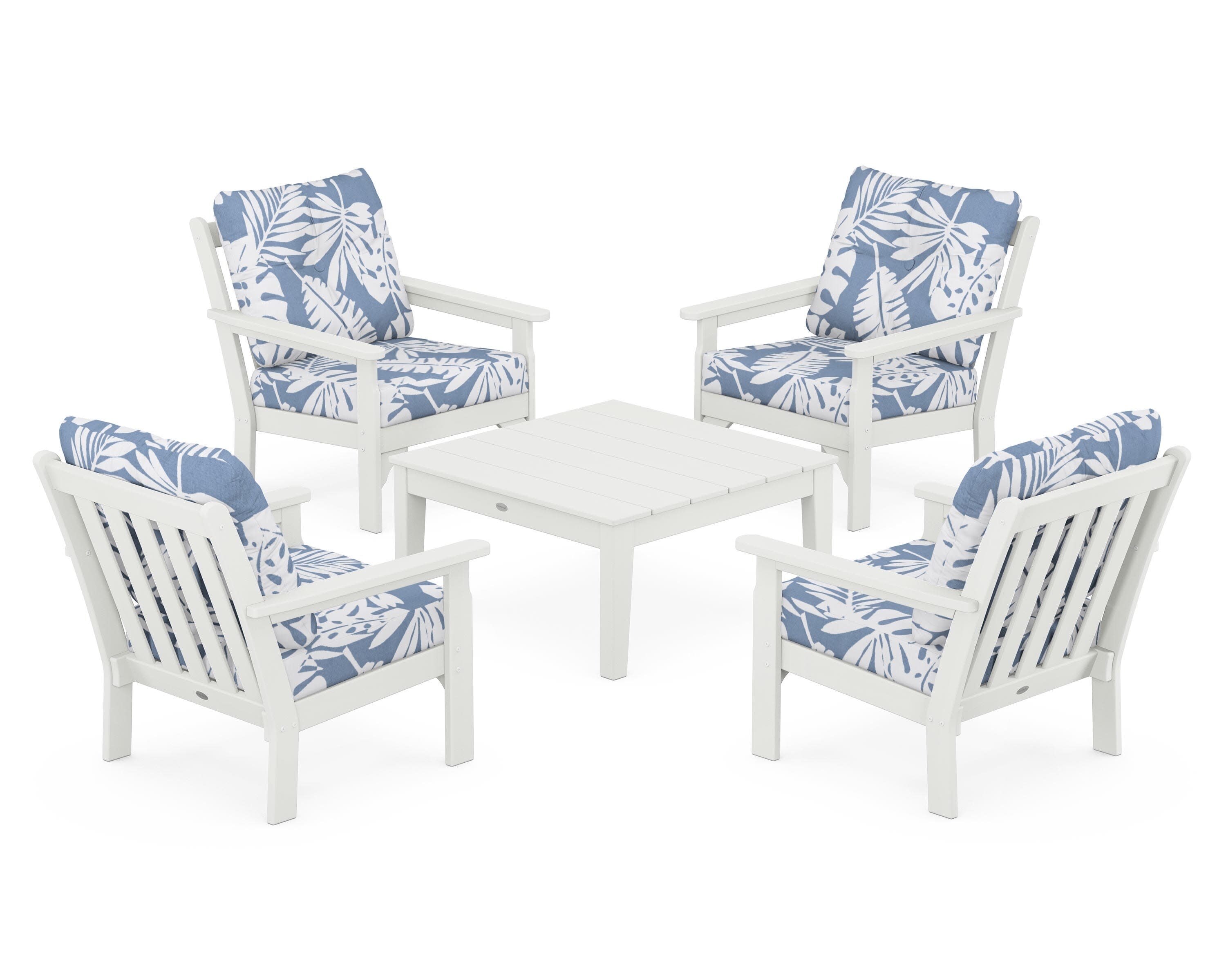 Vineyard 5-Piece Deep Seating Conversation Set in Vintage White / Leaf Sky Blue