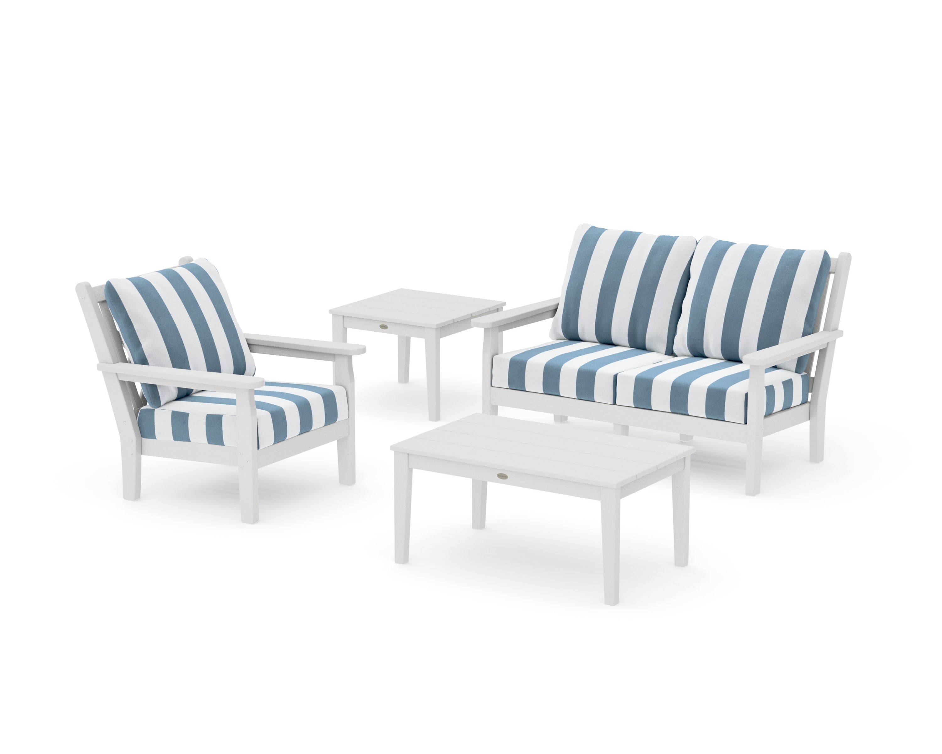 Chippendale 4-Piece Deep Seating Set in Vintage White / Cabana Stripe Sky Blue