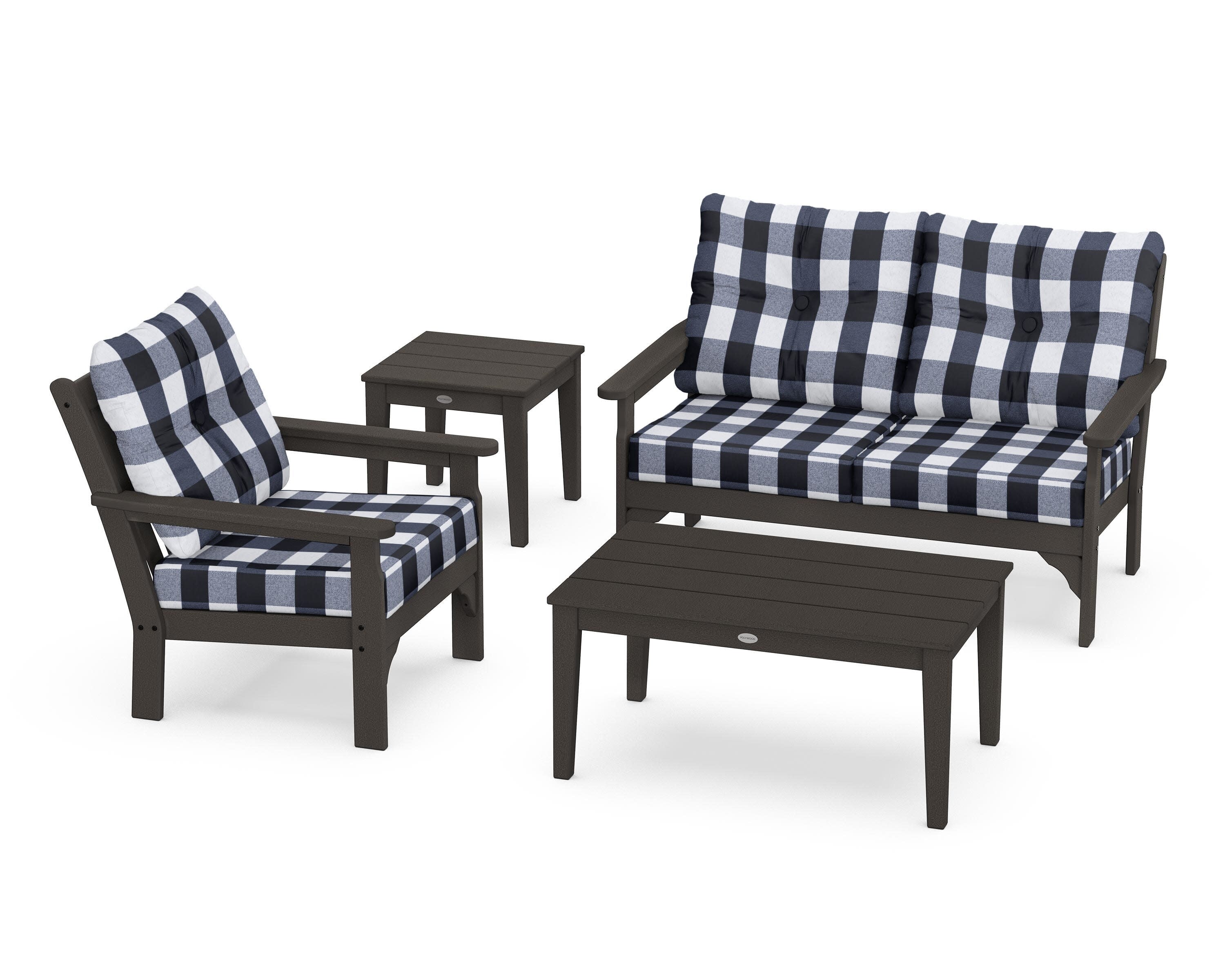 Vineyard 4-Piece Deep Seating Set in Vintage Coffee / Buffalo Plaid Marine Indigo