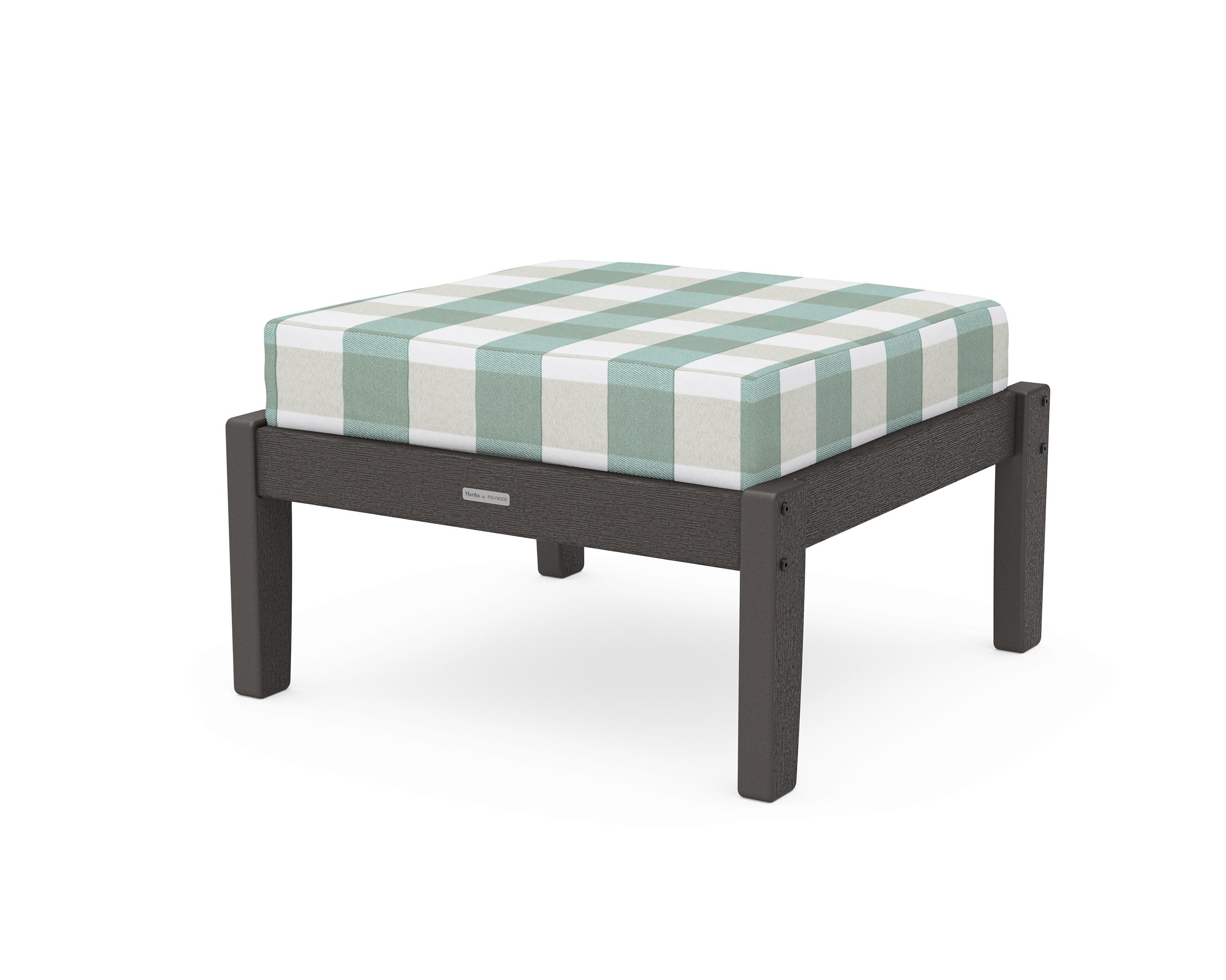 Chinoiserie Deep Seating Ottoman in Vintage Coffee / Buffalo Plaid Glacier Spa