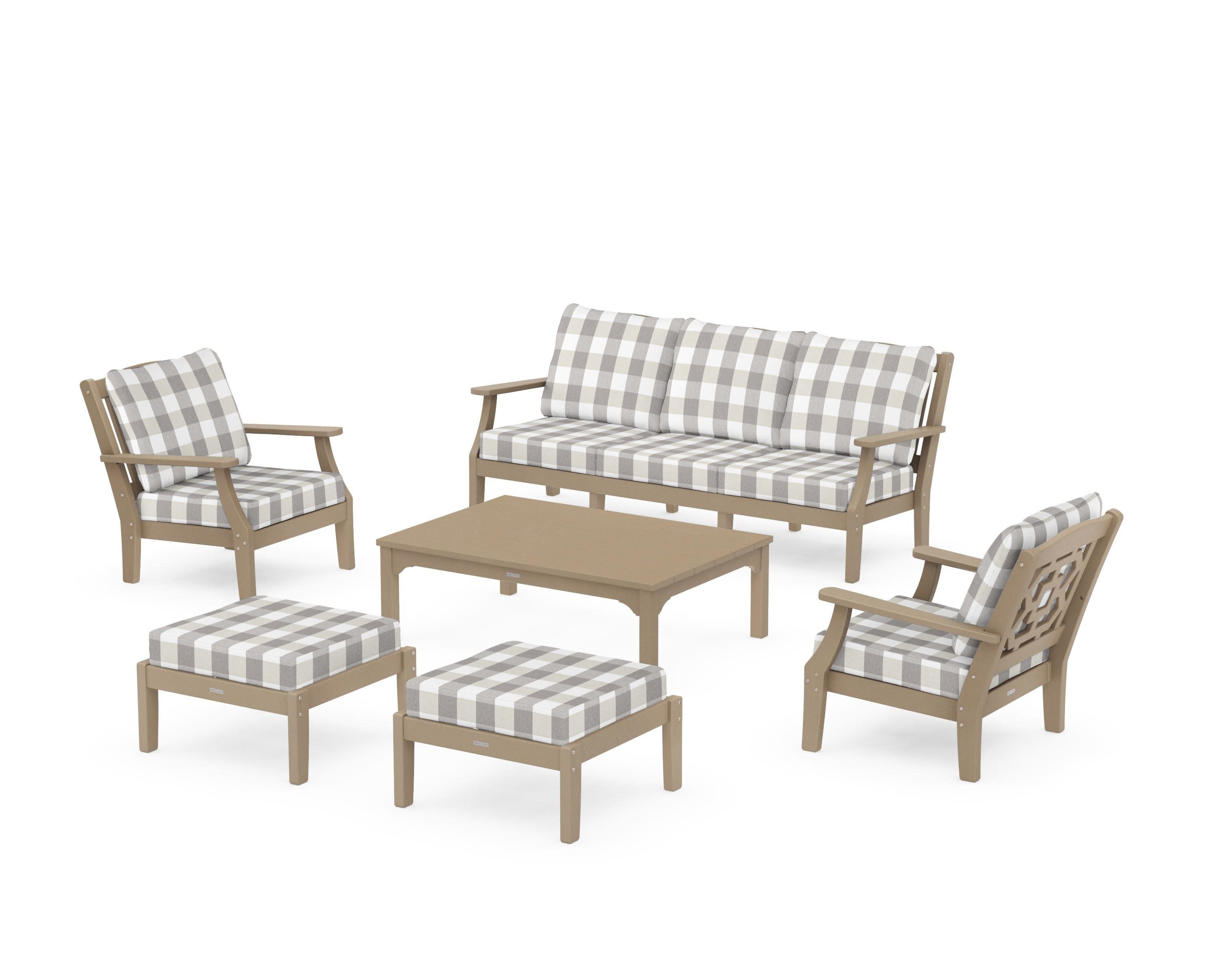 Chinoiserie 6-Piece Lounge Sofa Set in Vintage Sahara / Buffalo Plaid Grey Mist
