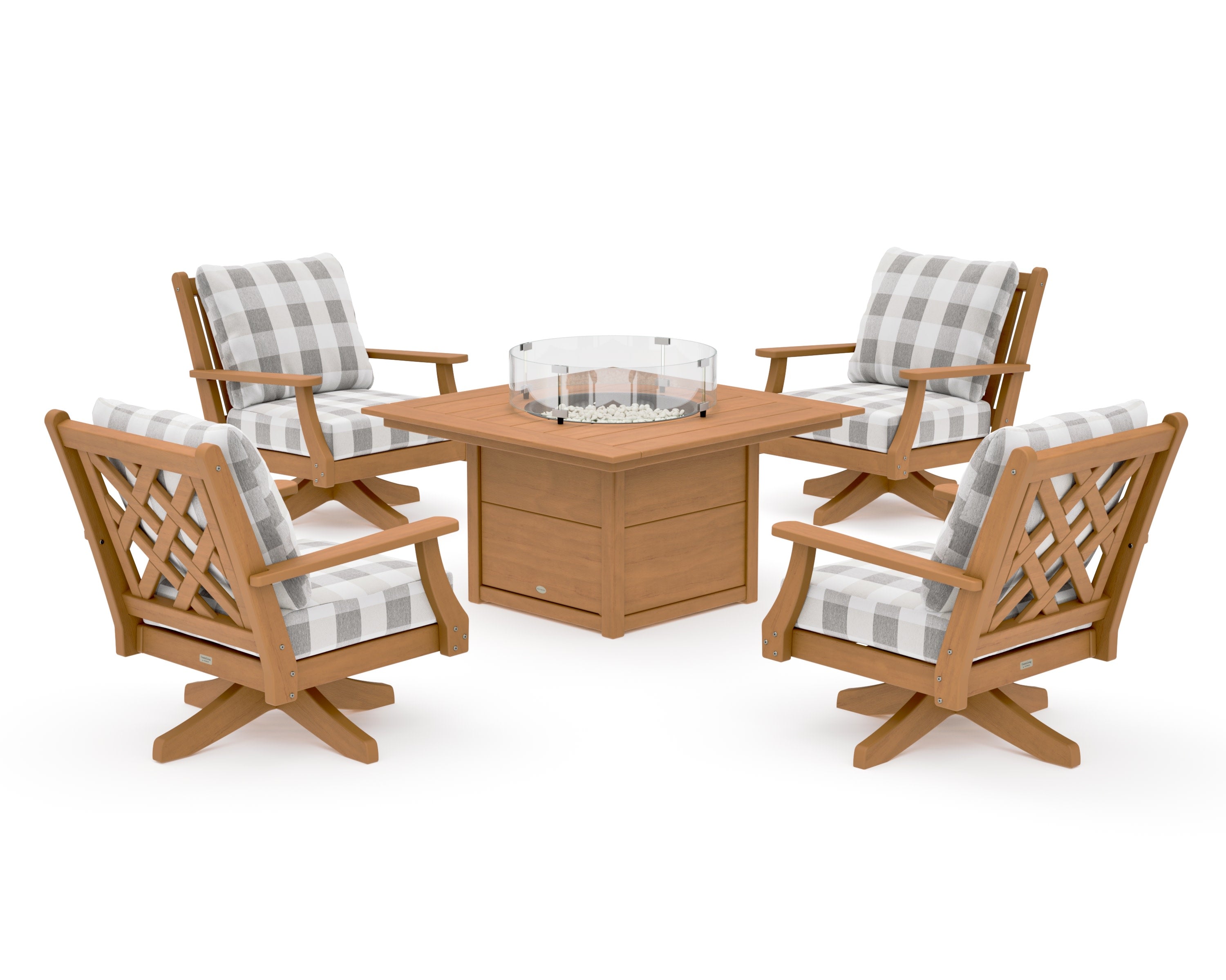 Wovendale 5-Piece Deep Seating Swivel Conversation Set with Fire Pit Table in Natural / Buffalo Plaid Grey Mist