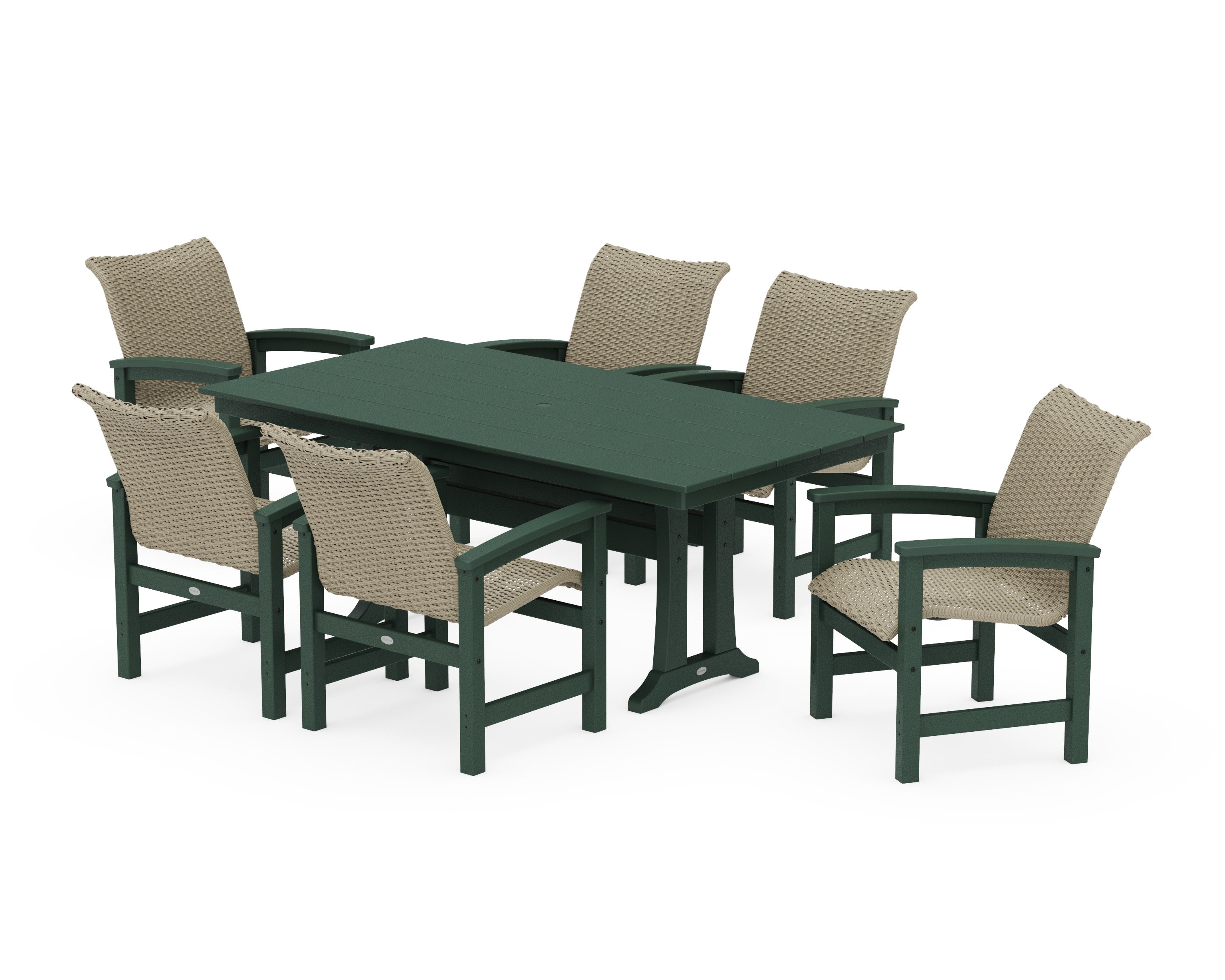 Coastal Woven Arm Chair 7-Piece Farmhouse Dining Set with Trestle Legs in Green / Dune Grass