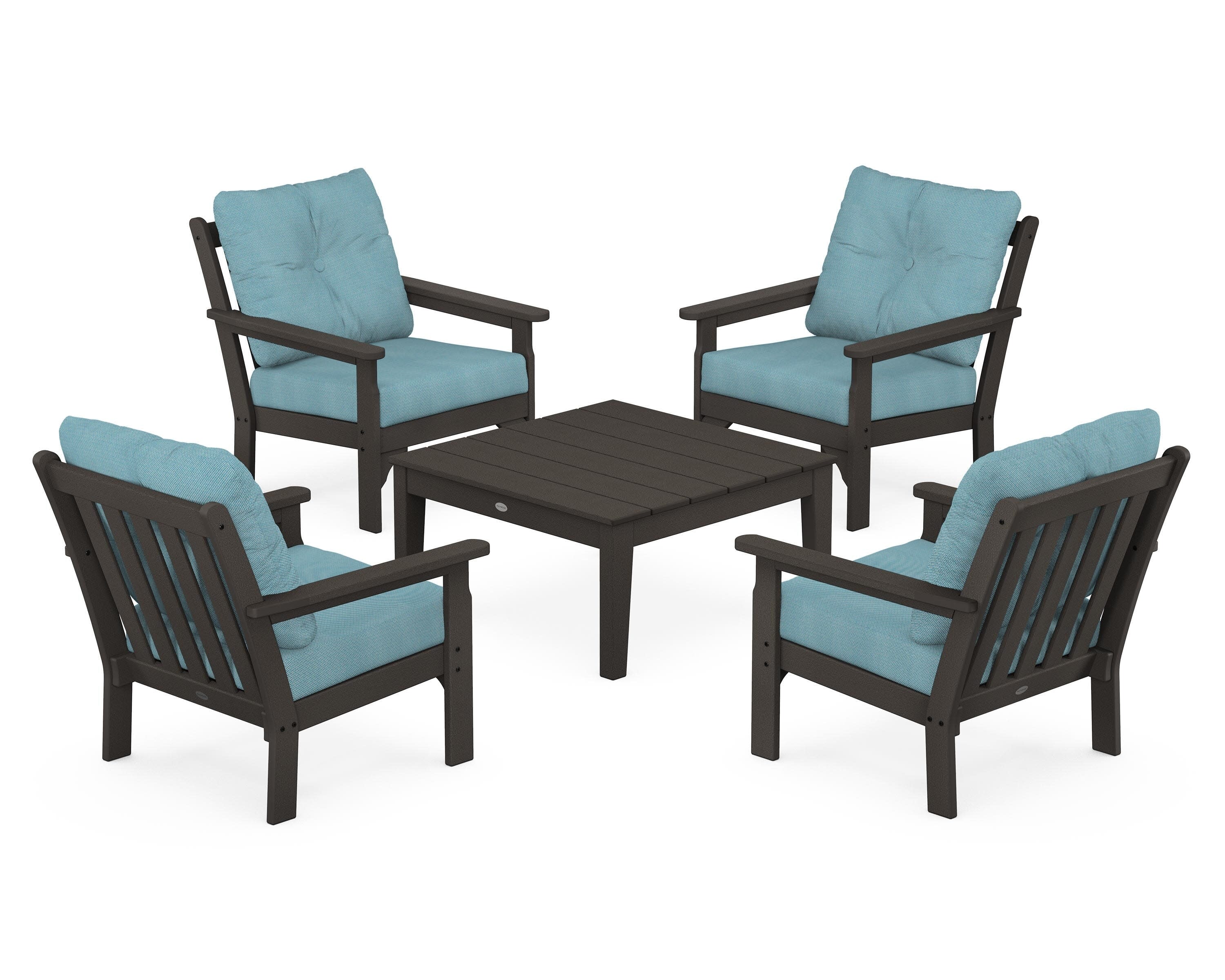 Vineyard 5-Piece Deep Seating Conversation Set in Vintage Coffee / Lattice Sky Blue