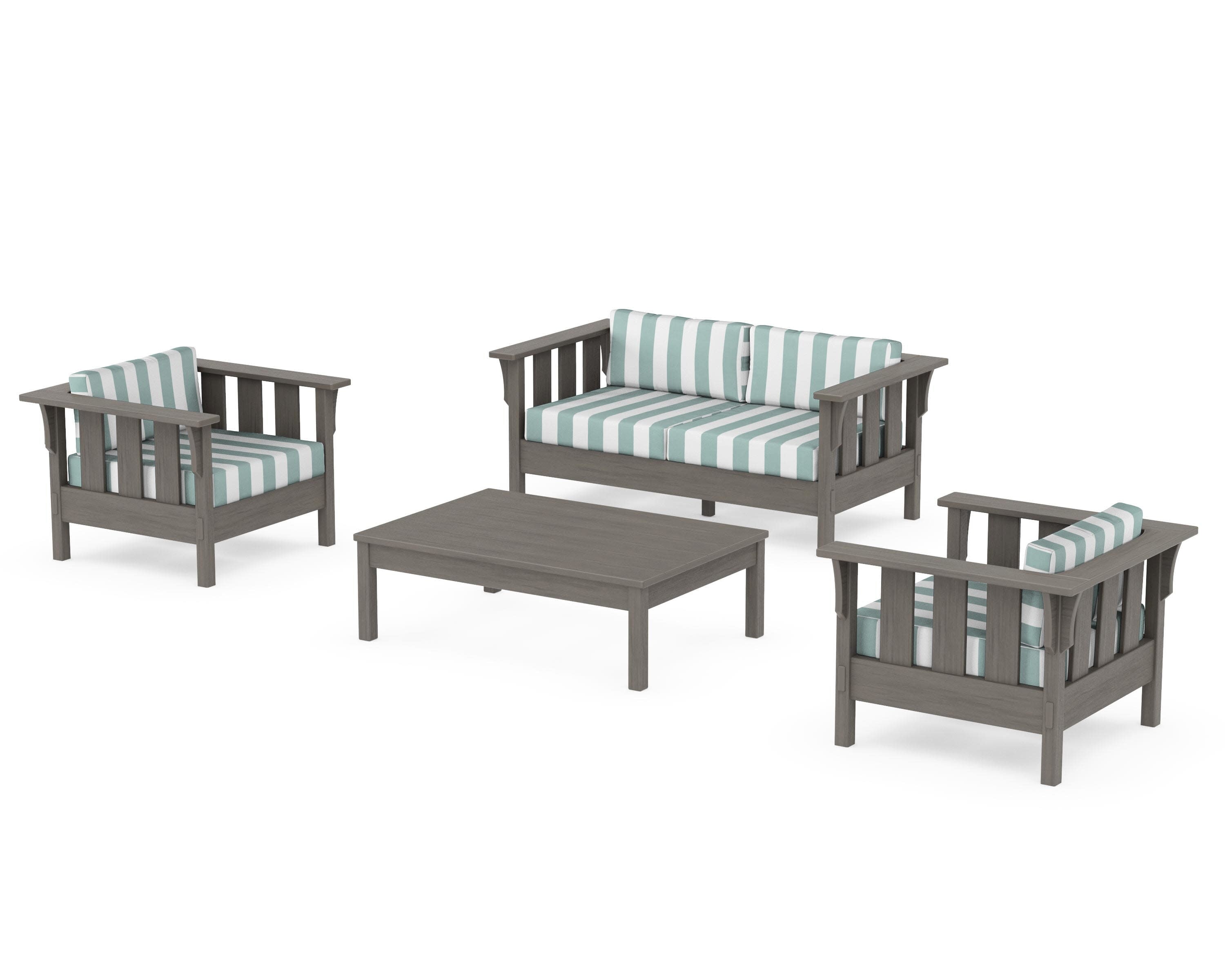 Acadia 4-Piece Deep Seating Set with Loveseat in Driftwood / Cabana Stripe Glacier Spa