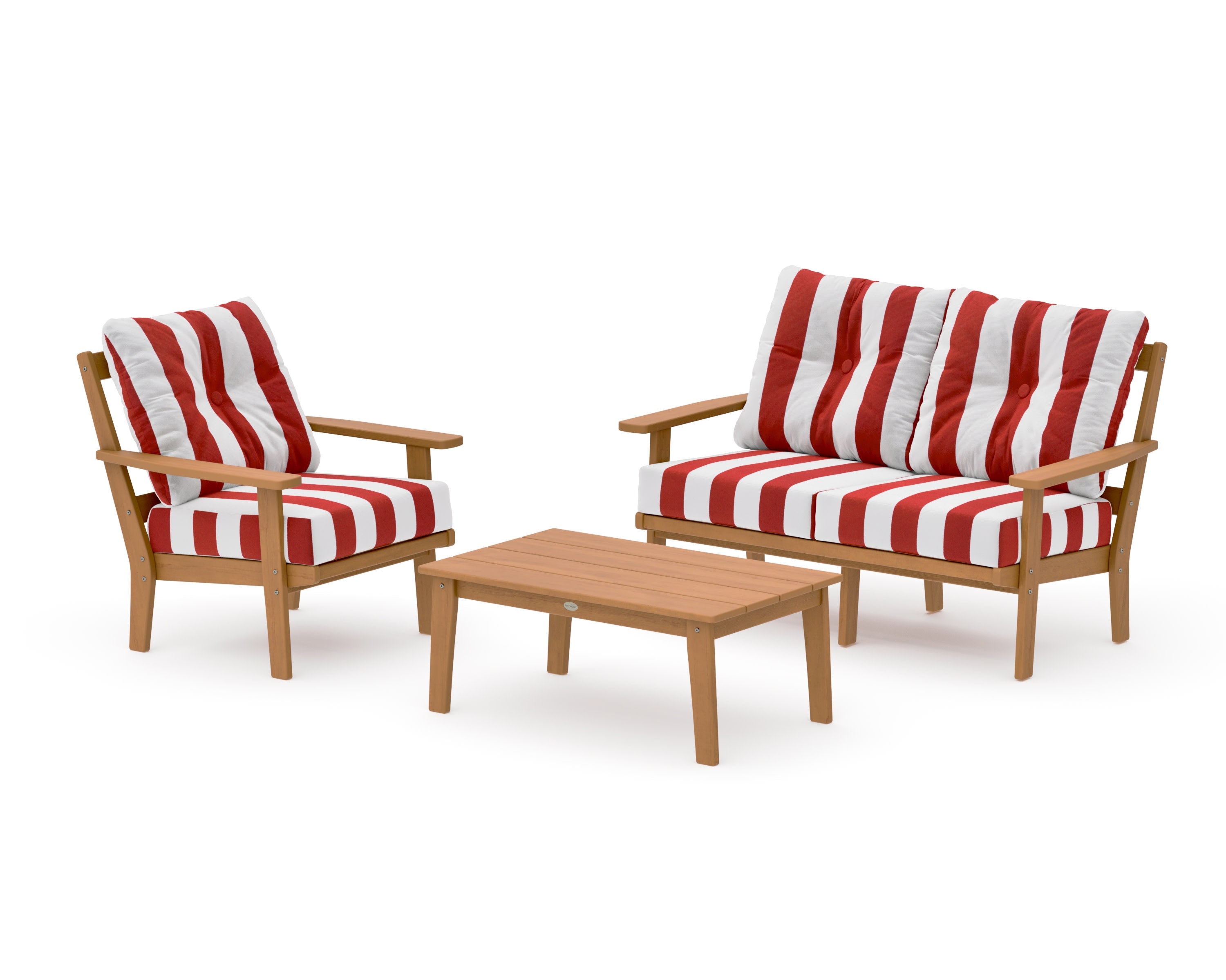 Prairie 3-Piece Deep Seating Set with Loveseat in Natural / Cabana Stripe Crimson