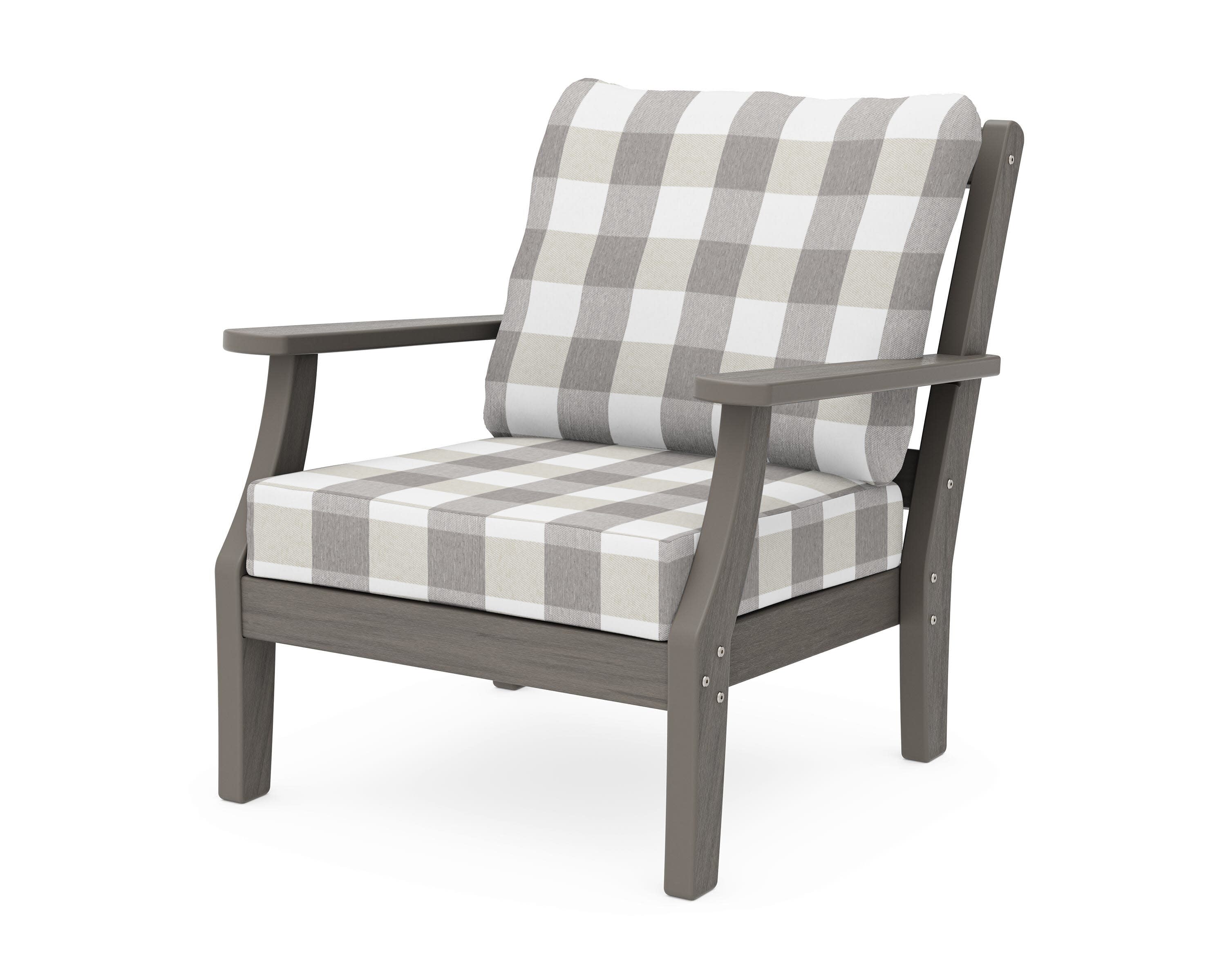 Chinoiserie Deep Seating Chair in Driftwood / Buffalo Plaid Grey Mist