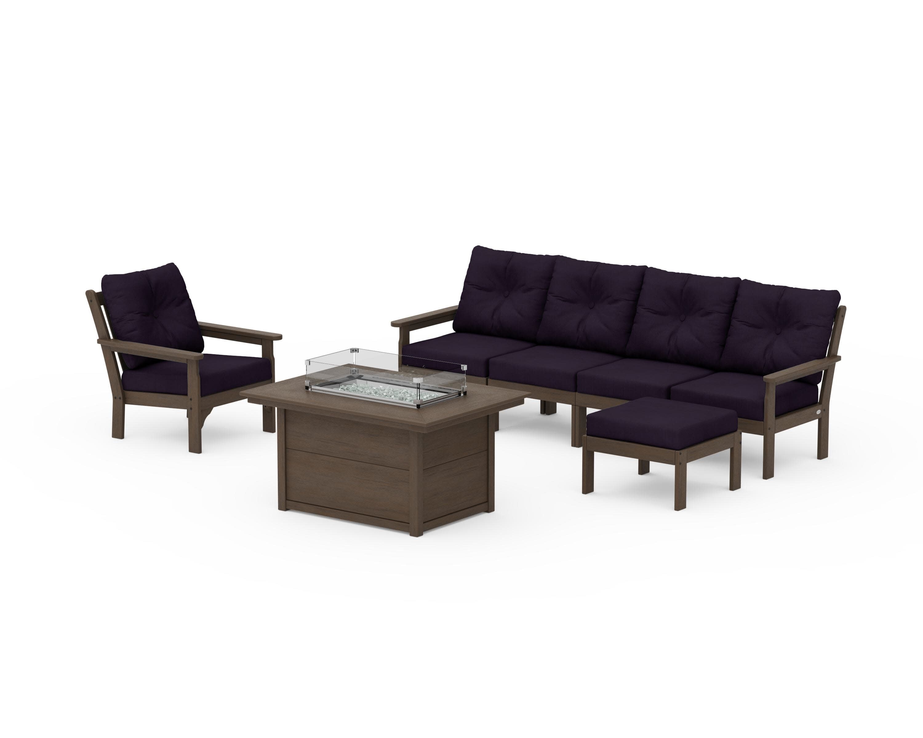 Vineyard Sectional Lounge and Fire Pit Set in Kona / Navy Linen
