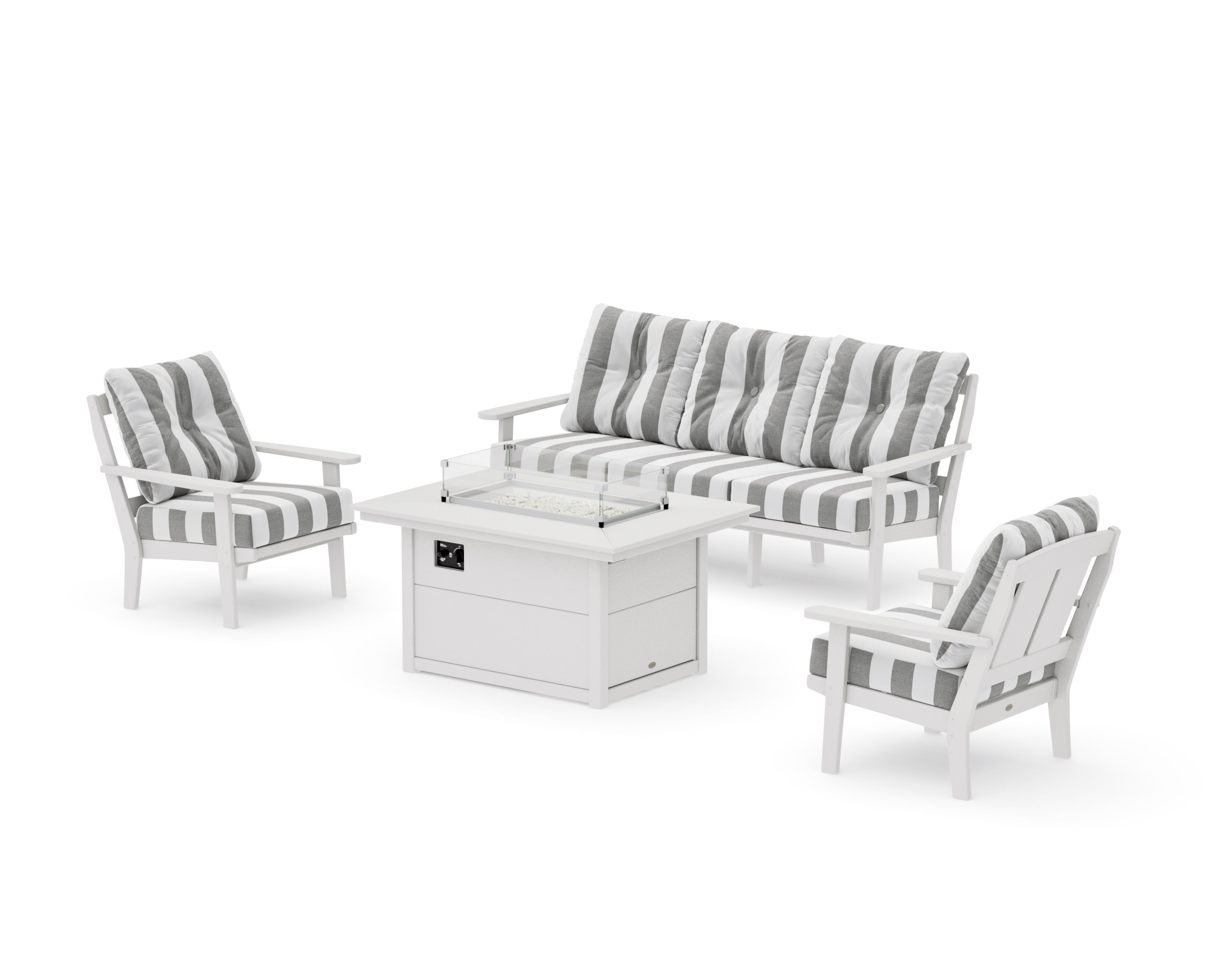 Mission Deep Seating Fire Pit Table Set in Vintage White / Cabana Stripe Grey Mist