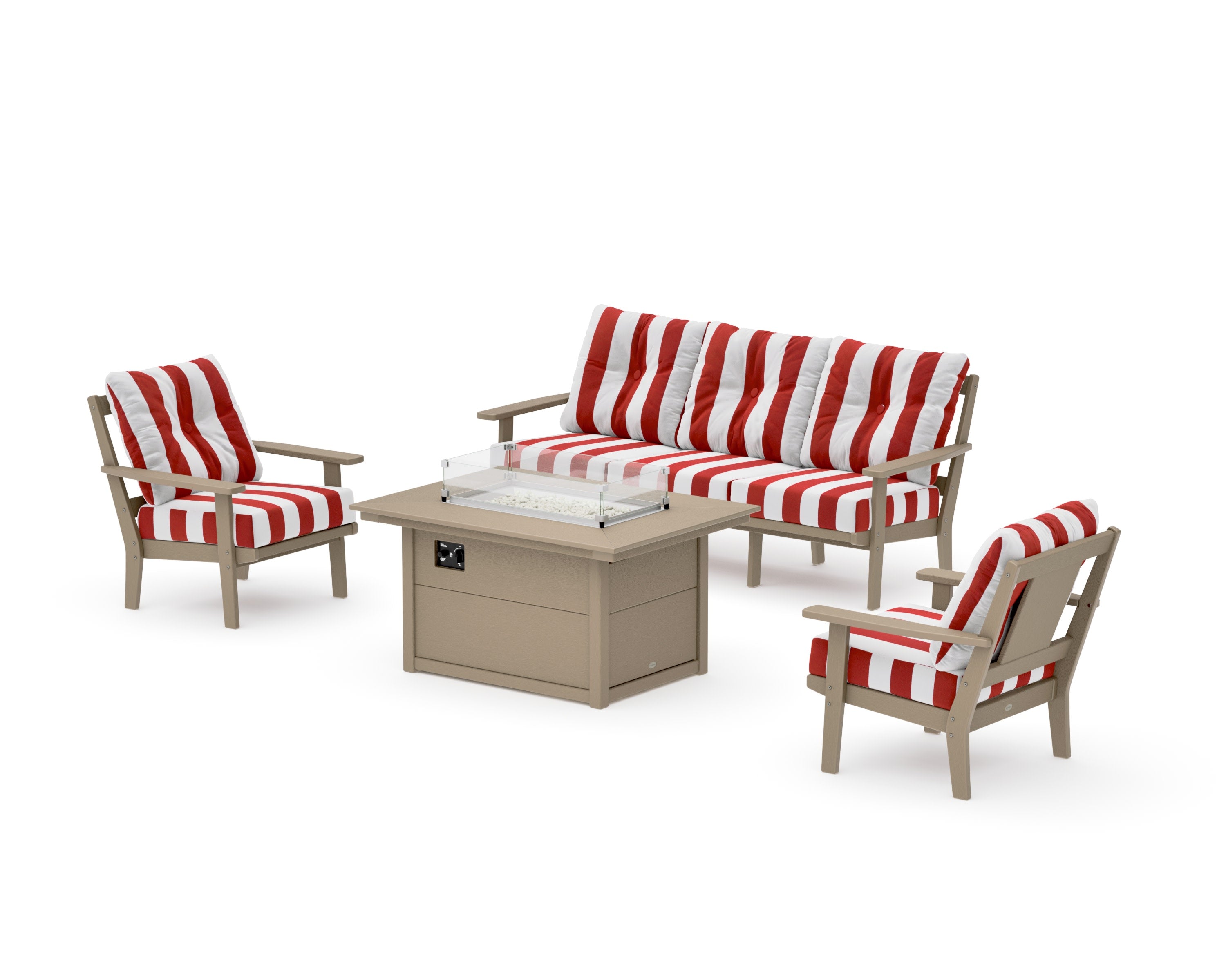 Prairie Deep Seating Fire Pit Table Set in Vintage Sahara / Cabana Stripe Crimson