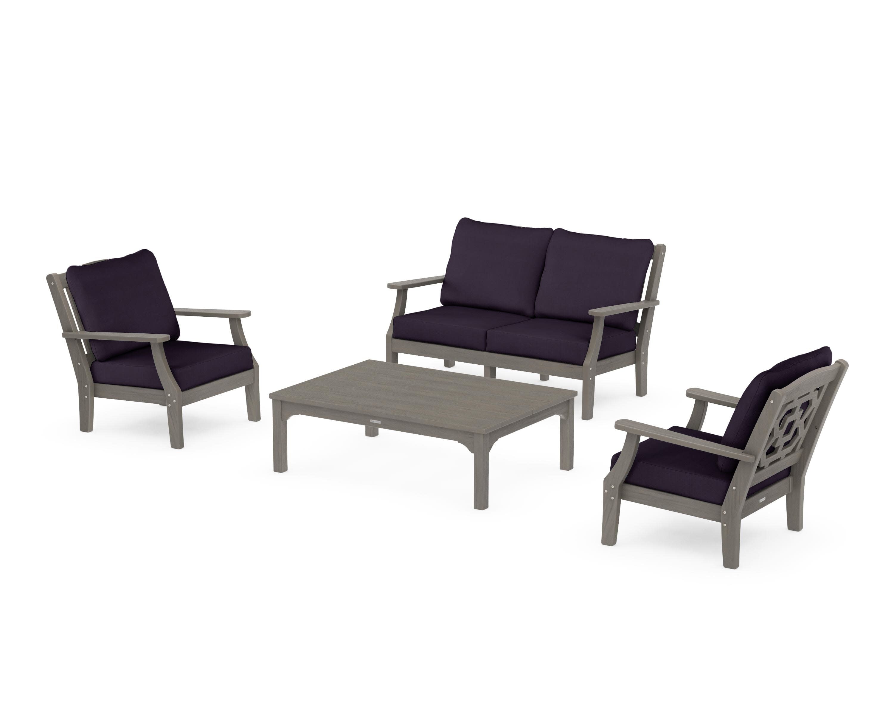 Chinoiserie 4-Piece Deep Seating Set with Loveseat in Driftwood / Navy Linen