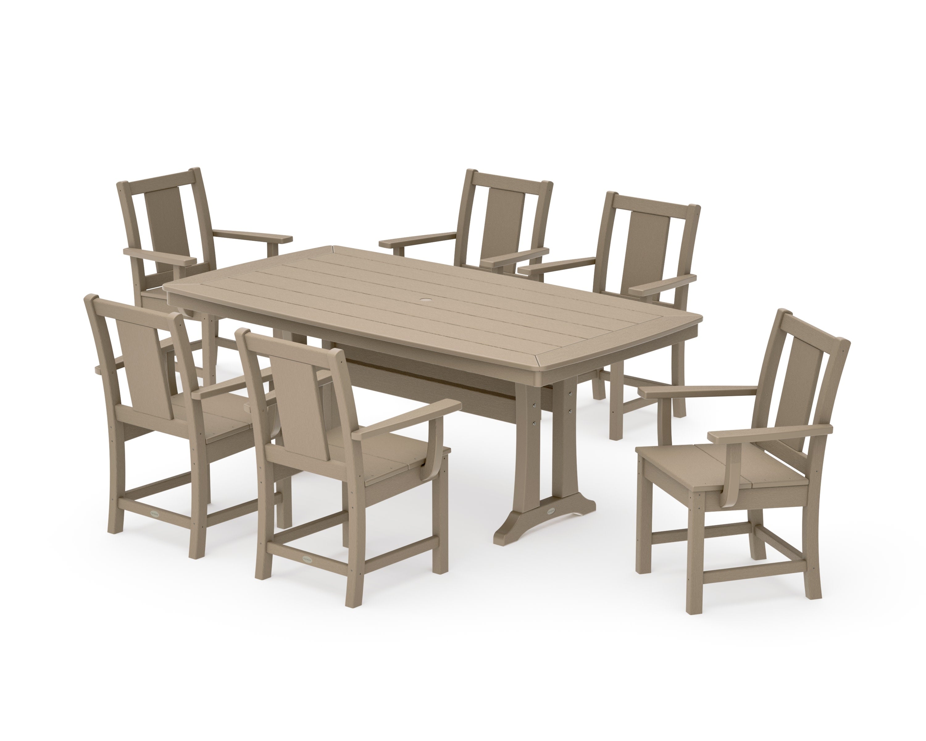 Prairie Arm Chair 7-Piece Dining Set with Trestle Legs in Vintage Sahara