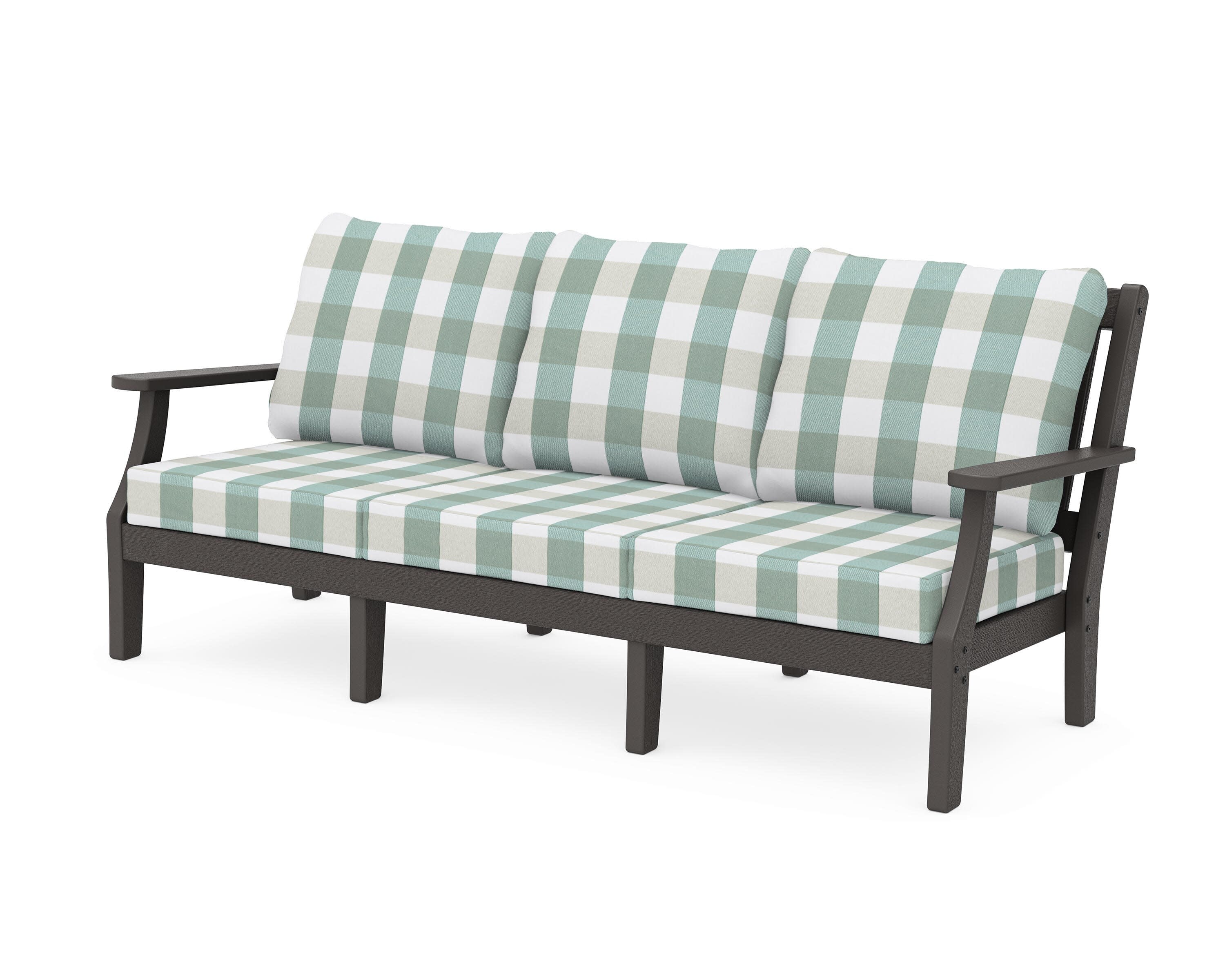 Chinoiserie Deep Seating Sofa in Vintage Coffee / Buffalo Plaid Glacier Spa