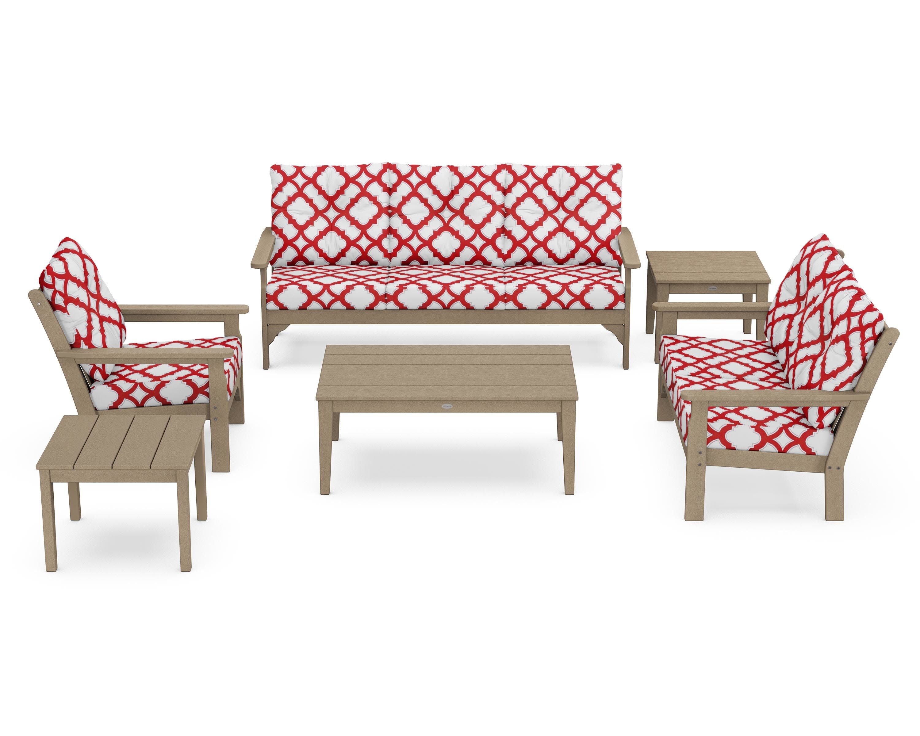Vineyard 6-Piece Deep Seating Set in Vintage Sahara / Trellis Crimson