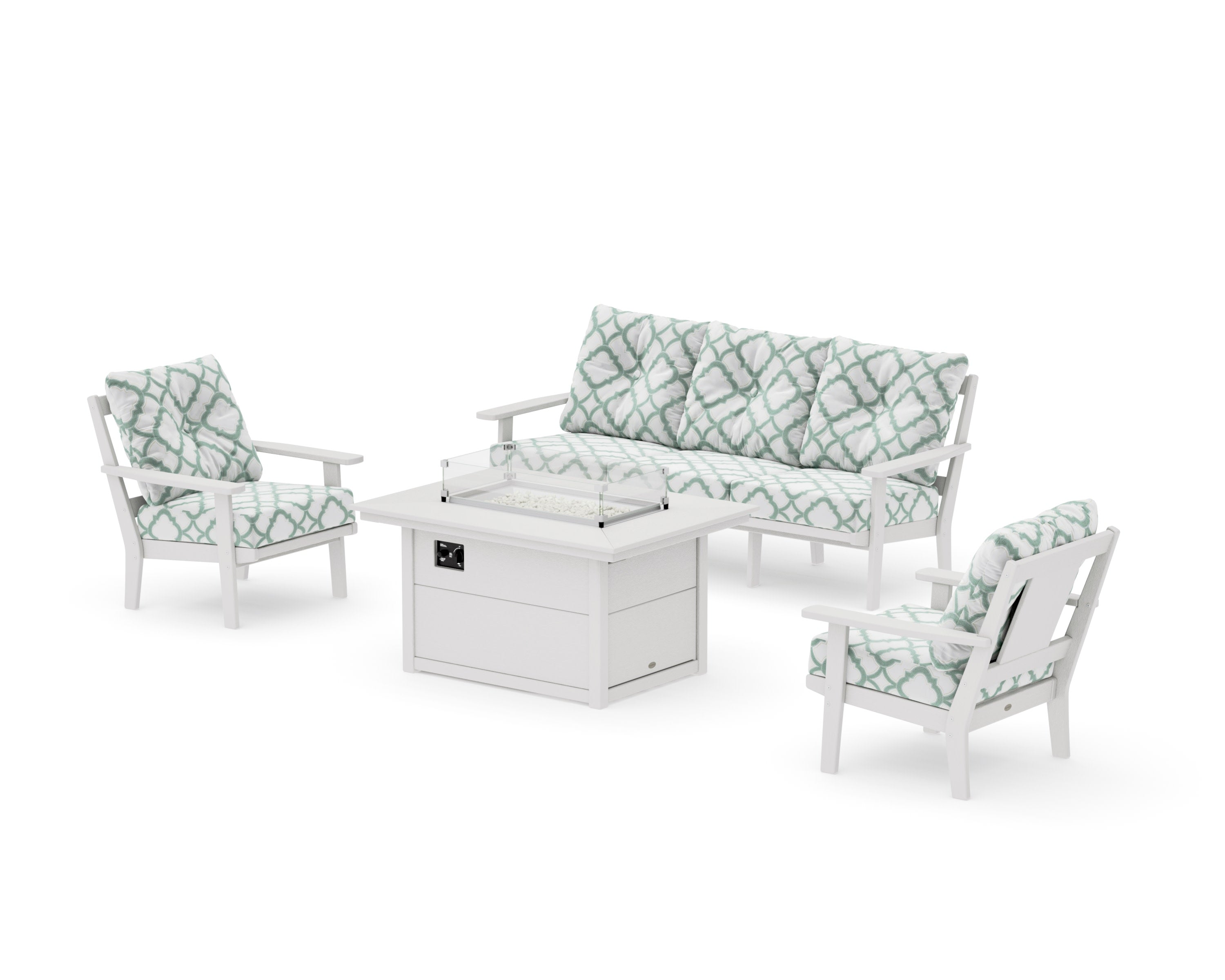Prairie Deep Seating Fire Pit Table Set in Vintage White / Trellis Glacier Spa