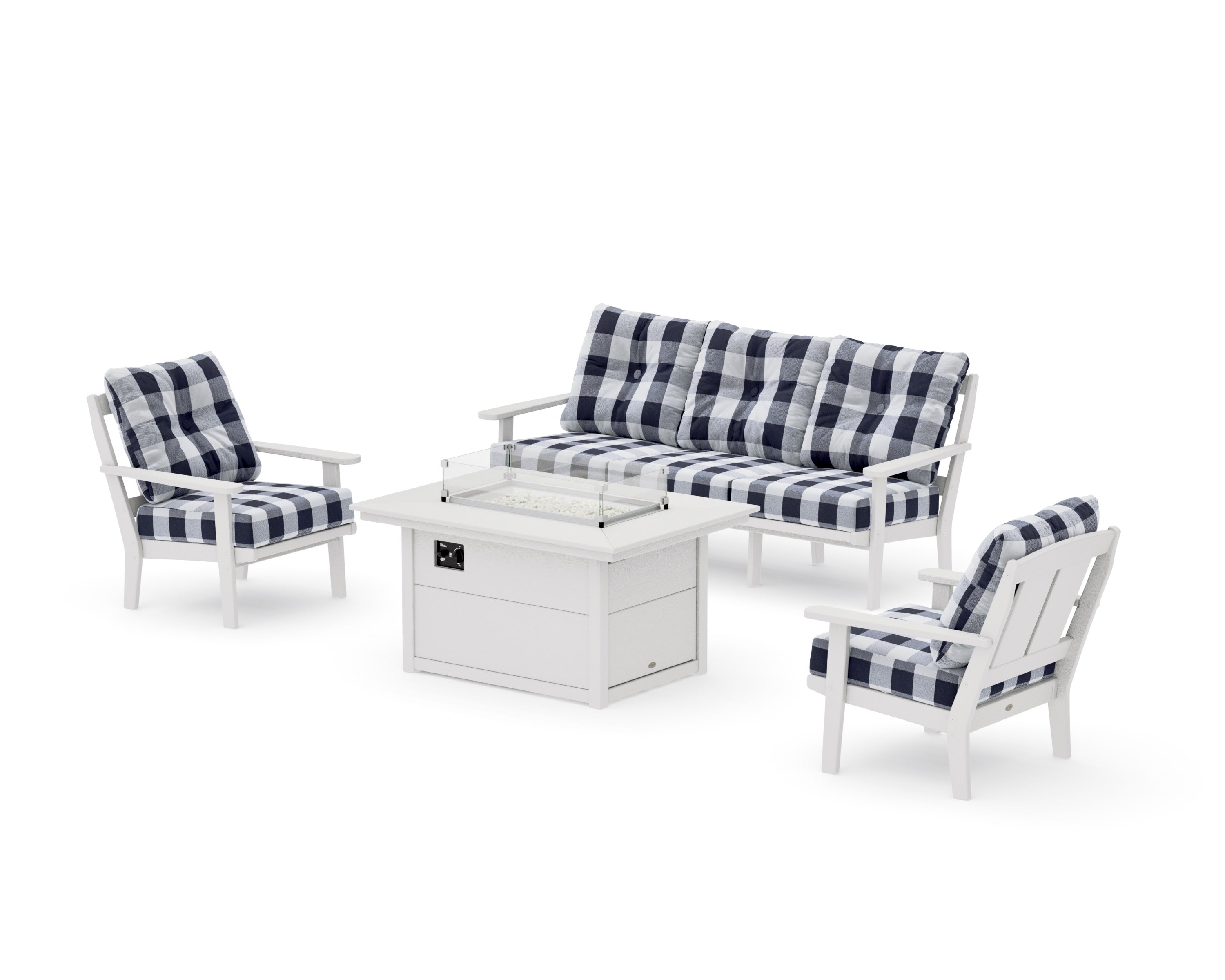 Mission Deep Seating Fire Pit Table Set in Vintage White / Buffalo Plaid Navy