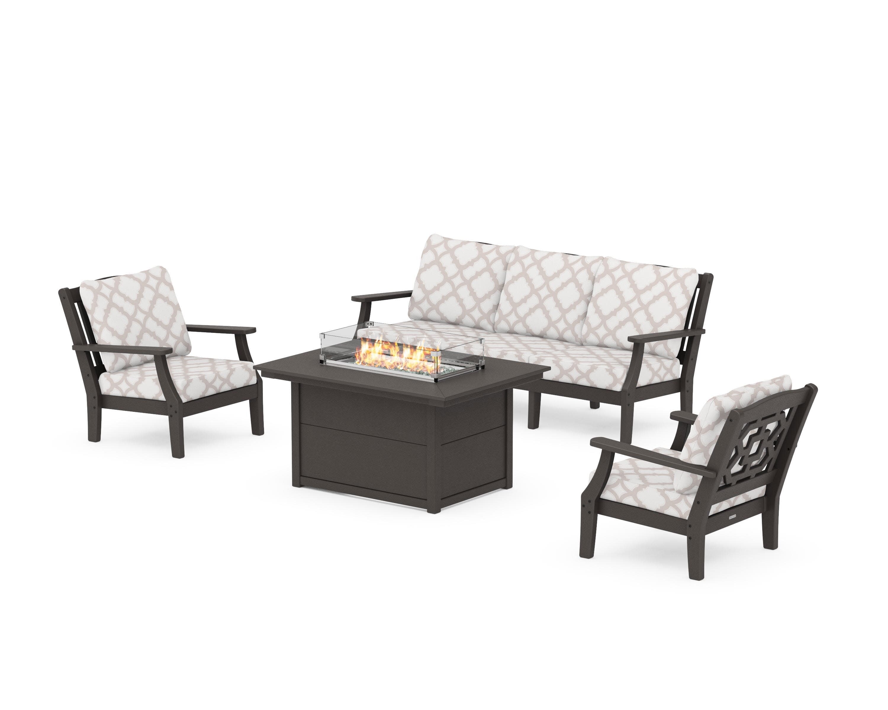 Chinoiserie Deep Seating Fire Pit Table Set in Vintage Coffee / Trellis Dune Burlap