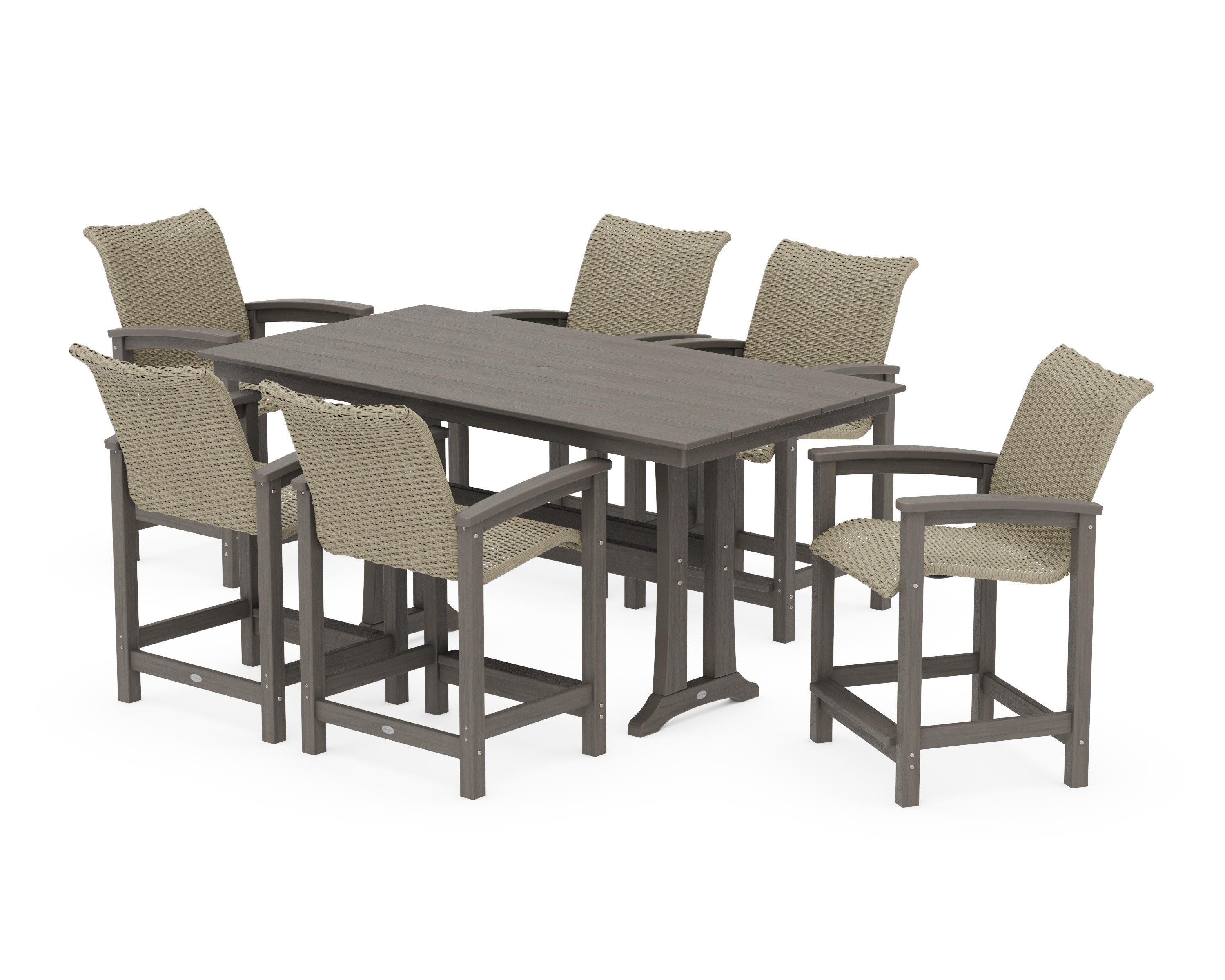 Coastal Woven Arm Chair 7-Piece Farmhouse Counter Set with Trestle Legs in Driftwood / Dune Grass