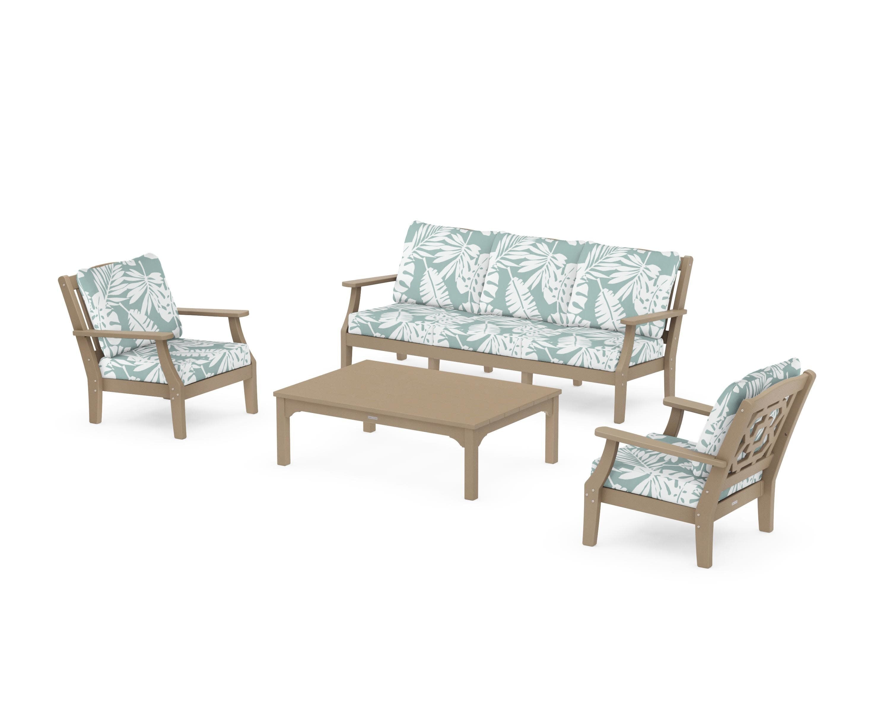 Chinoiserie 4-Piece Deep Seating Set with Sofa in Vintage Sahara / Leaf Glacier Spa