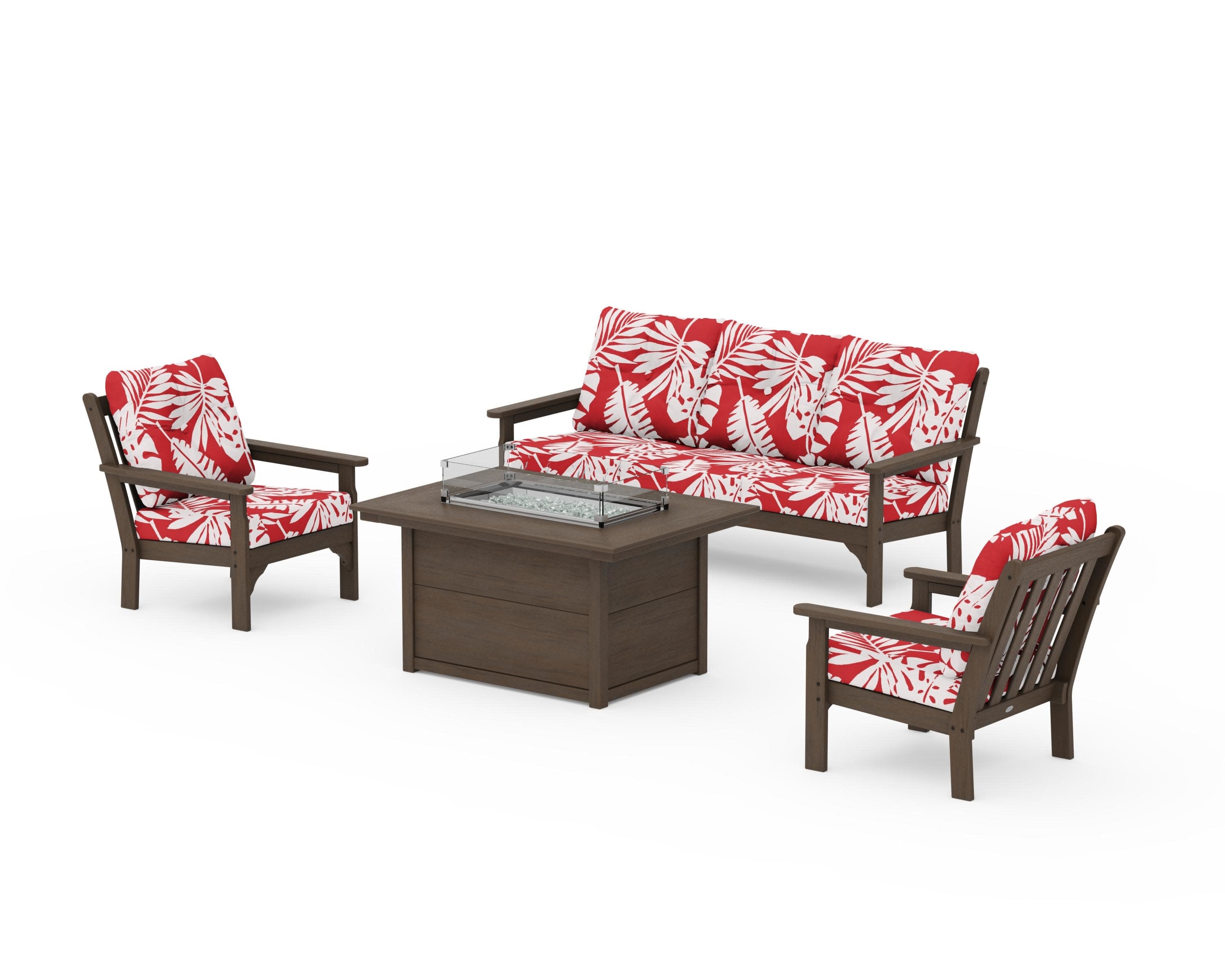 Vineyard Deep Seating Fire Pit Table Set in Kona / Leaf Crimson