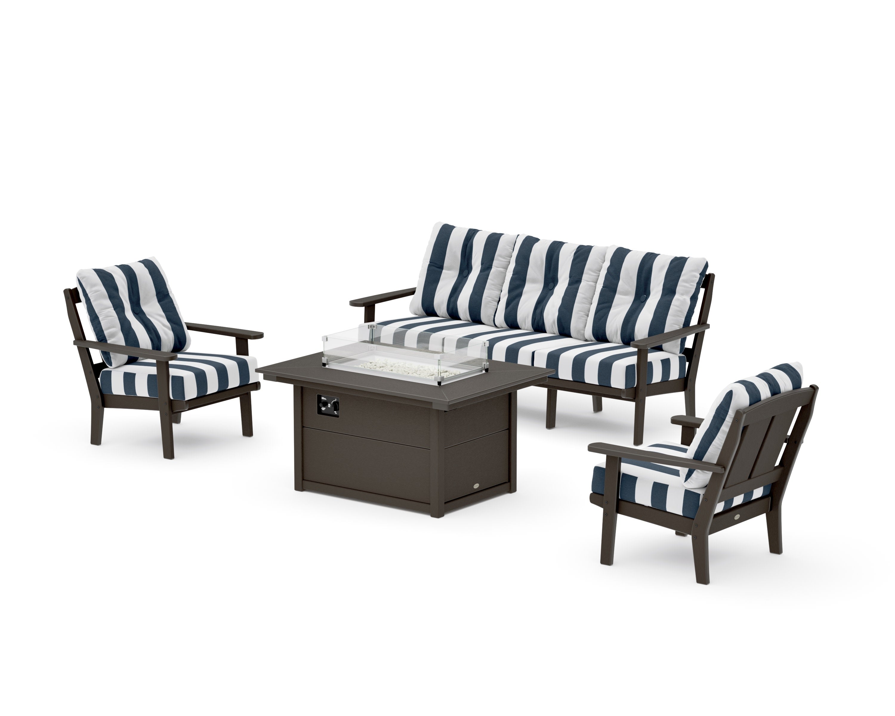 Mission Deep Seating Fire Pit Table Set in Vintage Coffee / Cabana Stripe Marine Indigo