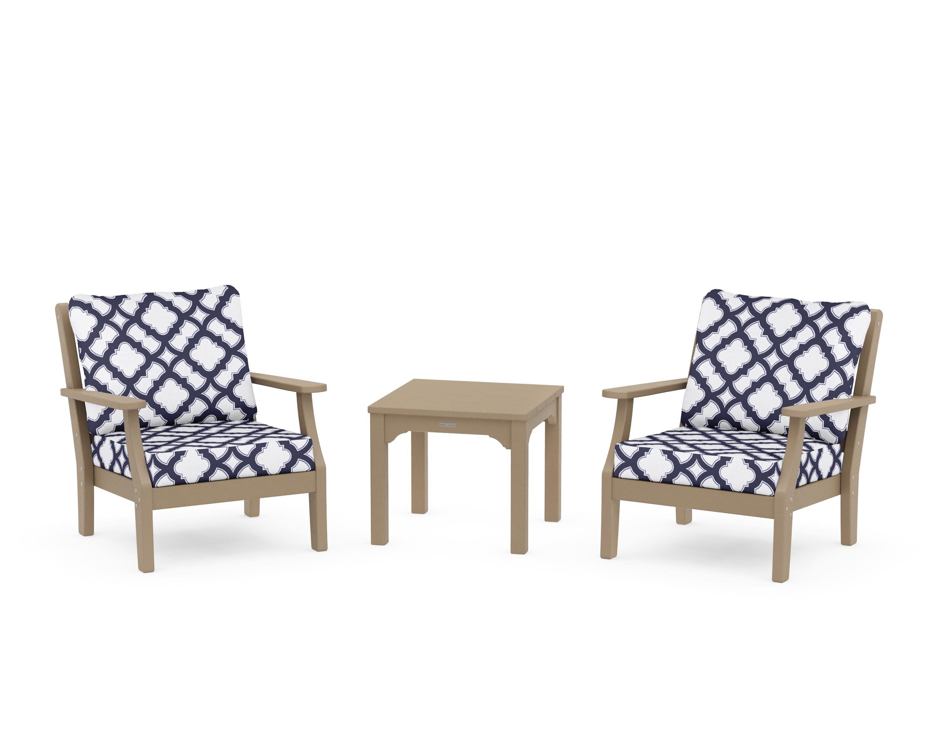 Chinoiserie 3-Piece Deep Seating Set in Vintage Sahara / Trellis Navy
