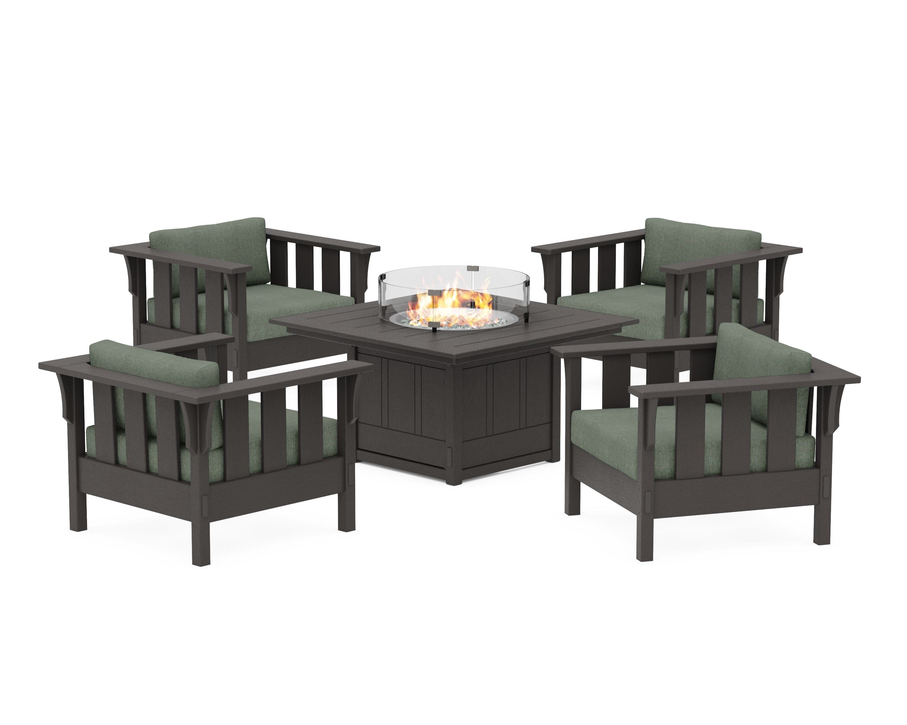 Acadia 5-Piece Deep Seating Set with Fire Pit Table in Vintage Coffee / Cast Sage