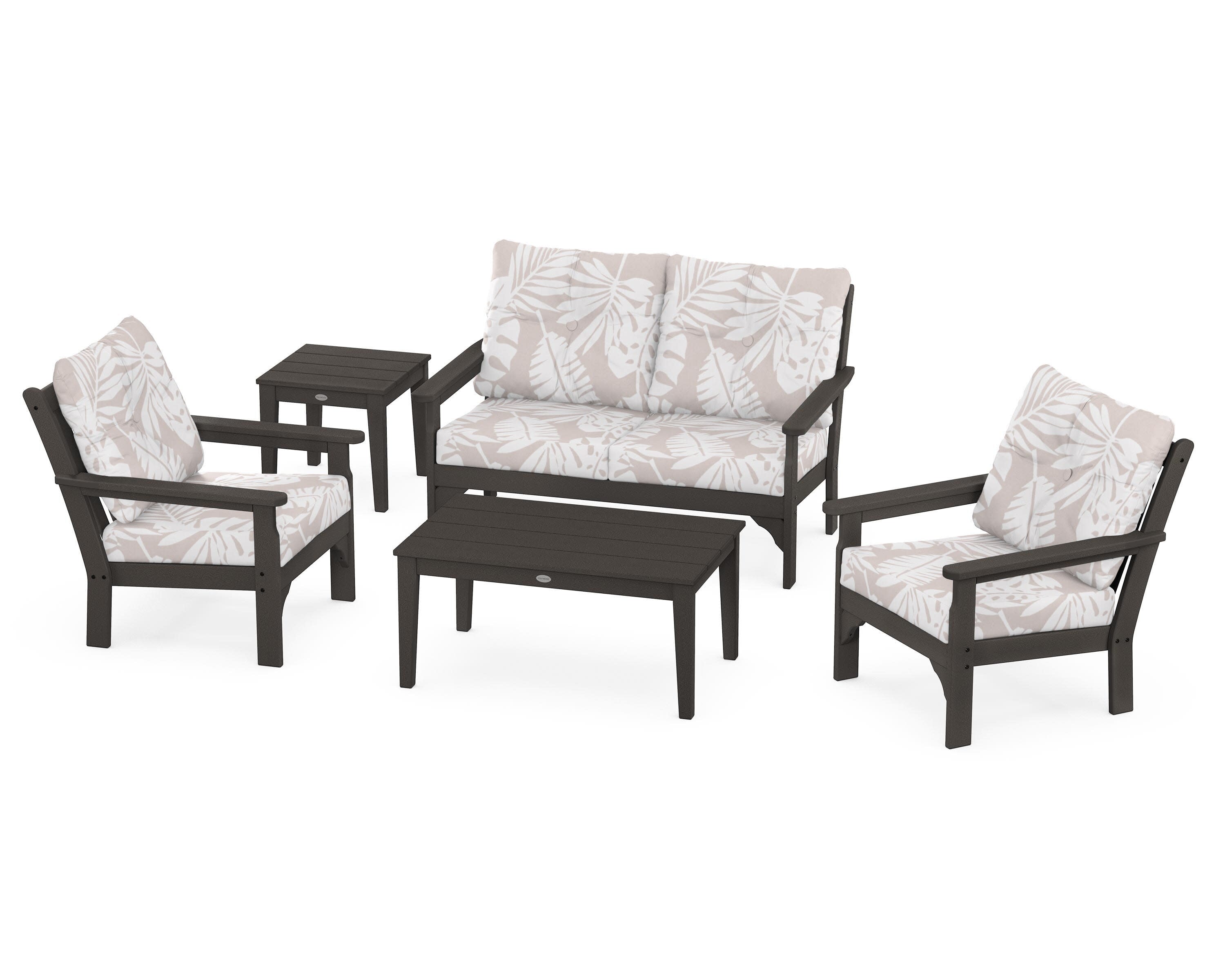 Vineyard 5-Piece Deep Seating Set in Vintage Coffee / Leaf Dune Burlap