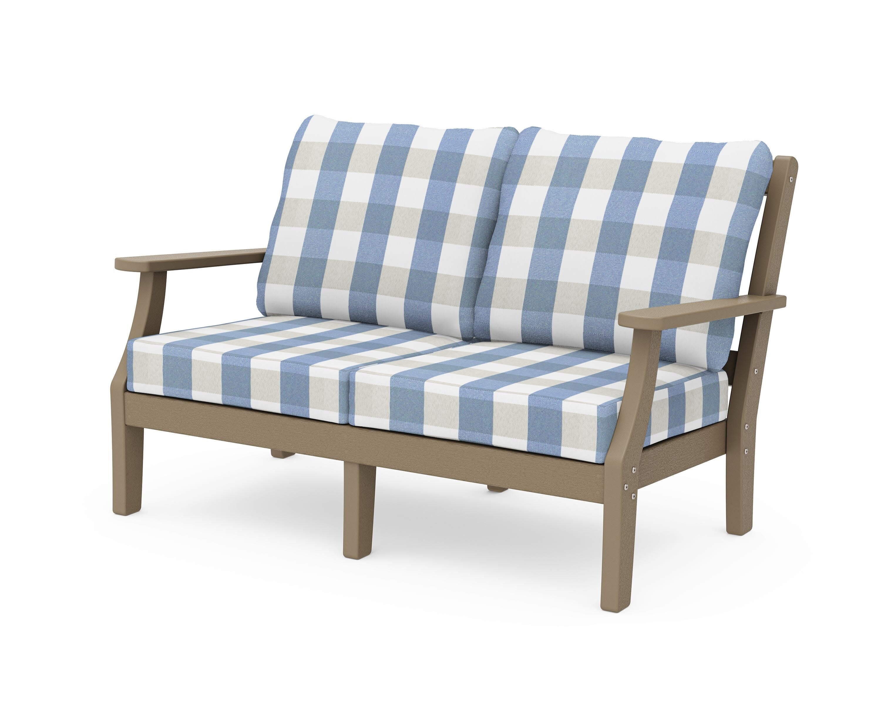 Chinoiserie Deep Seating Loveseat in Vintage Sahara / Buffalo Plaid Sky Blue