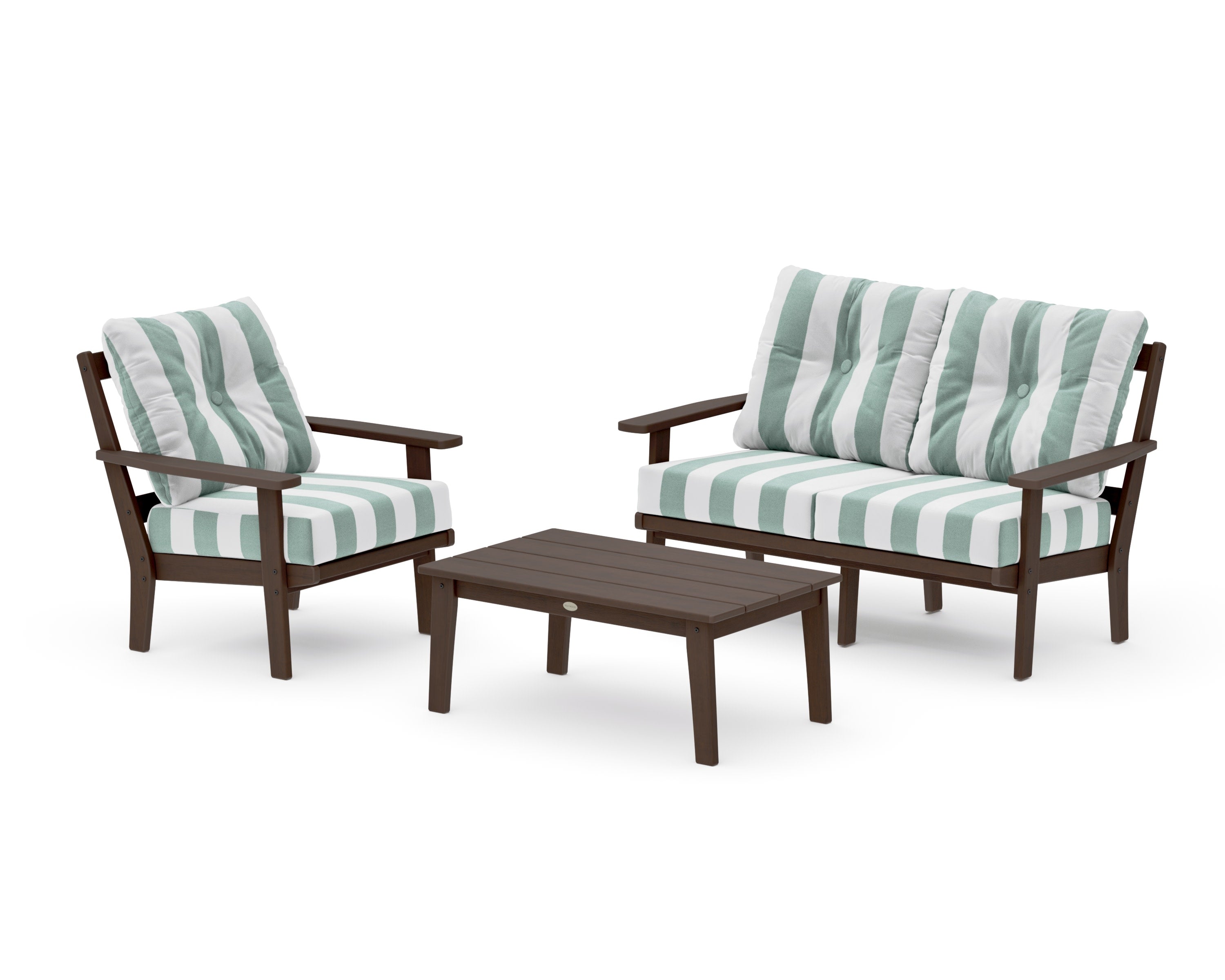 Prairie 3-Piece Deep Seating Set with Loveseat in Kona / Cabana Stripe Glacier Spa