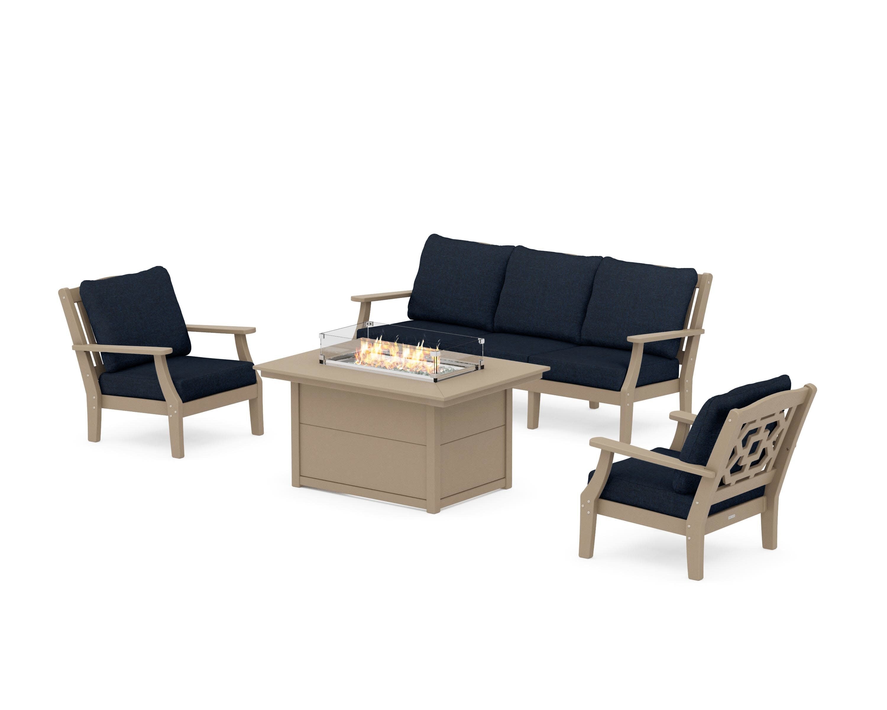 Chinoiserie Deep Seating Fire Pit Table Set in Vintage Sahara / Marine Indigo