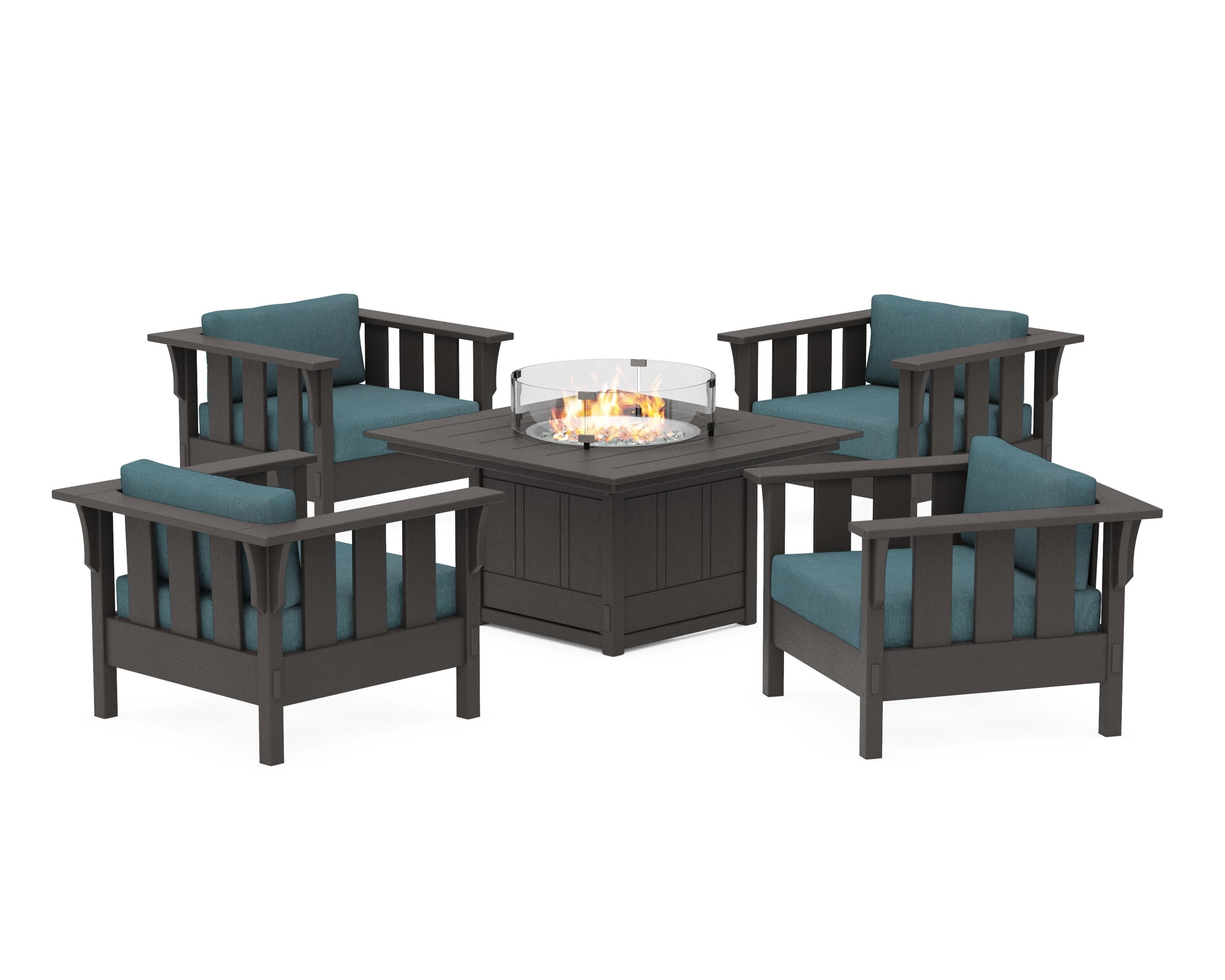 Acadia 5-Piece Deep Seating Set with Fire Pit Table in Vintage Coffee / Ocean Teal