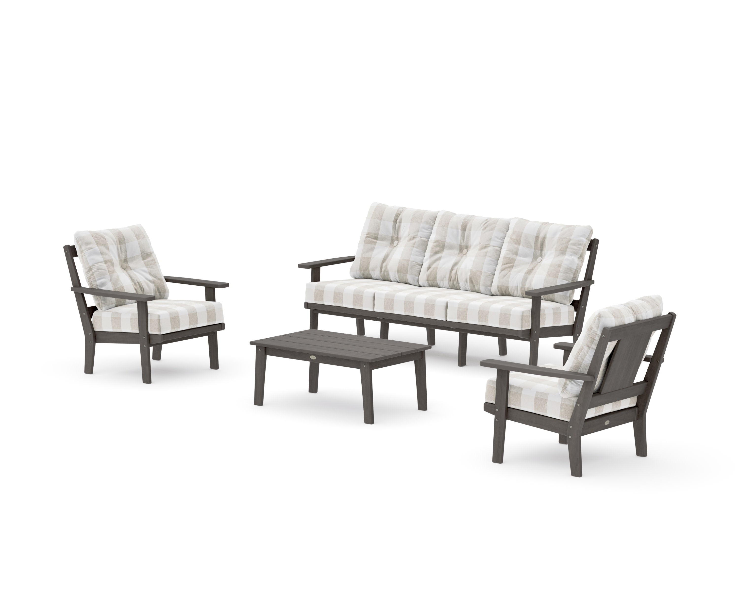 Prairie 4-Piece Deep Seating Set with Sofa in Driftwood / Buffalo Plaid Dune Burlap