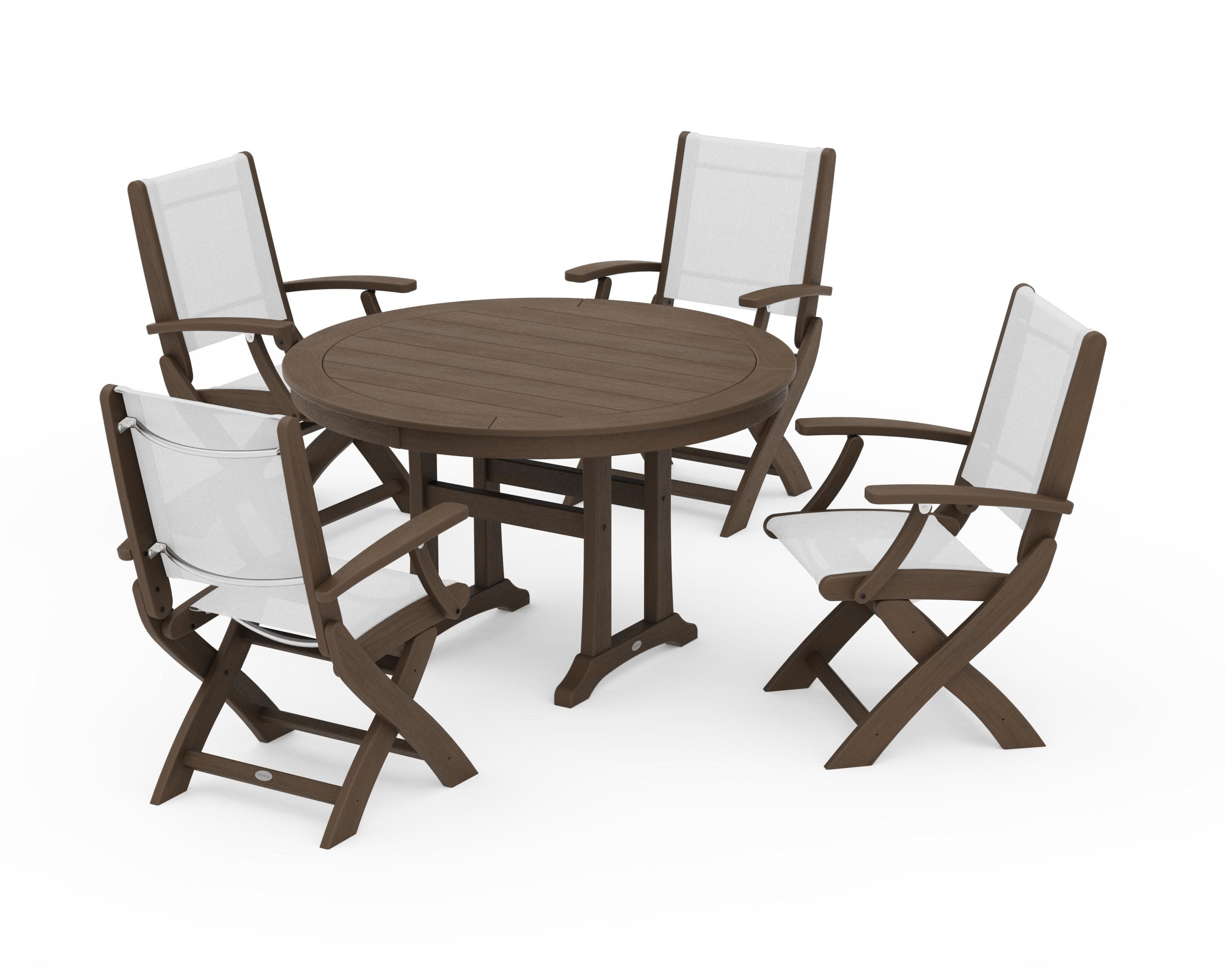 Coastal Folding Chair 5-Piece Round Dining Set with Trestle Legs in Kona / White Sling