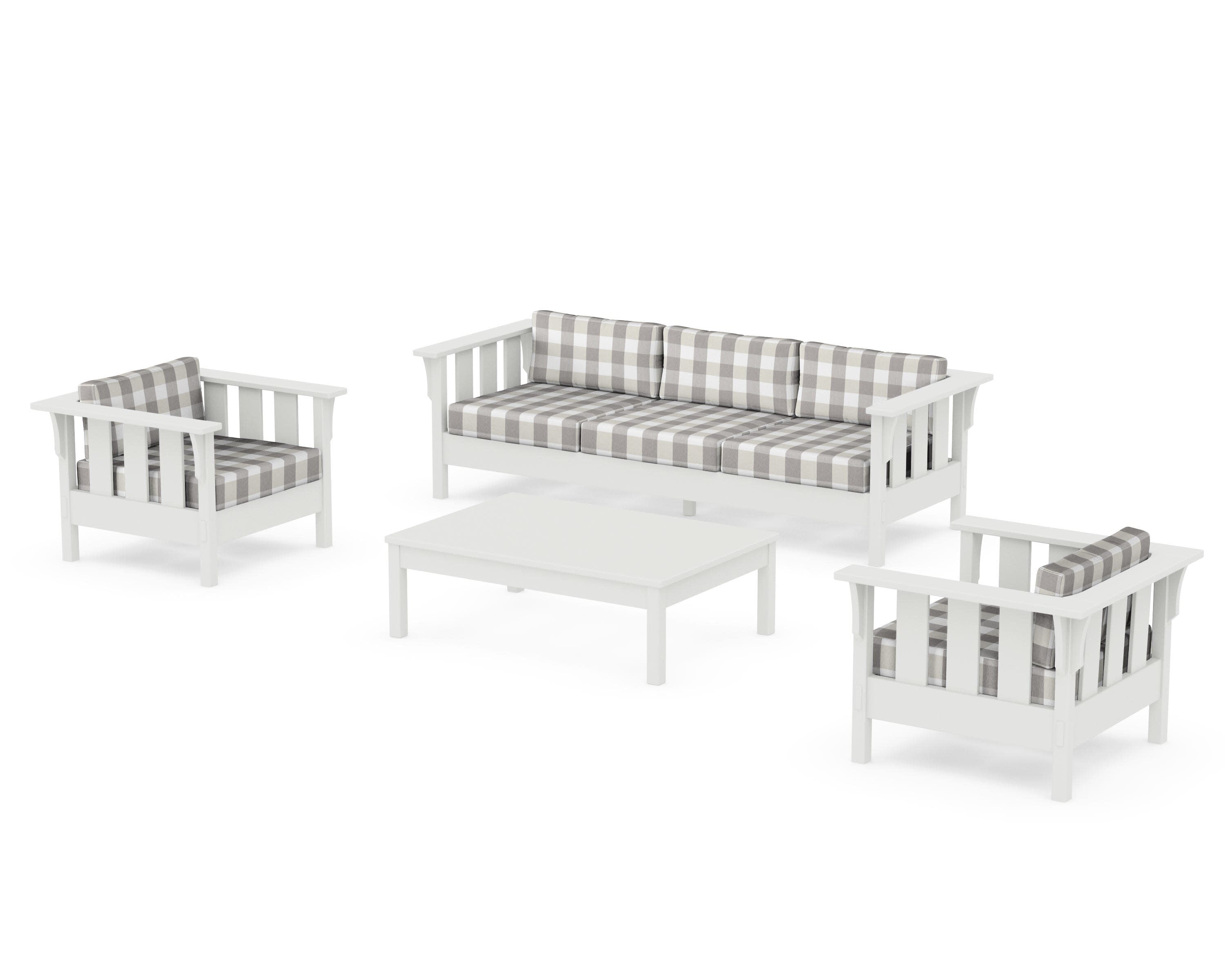 Acadia 4-Piece Deep Seating Set with Sofa in Vintage White / Buffalo Plaid Grey Mist