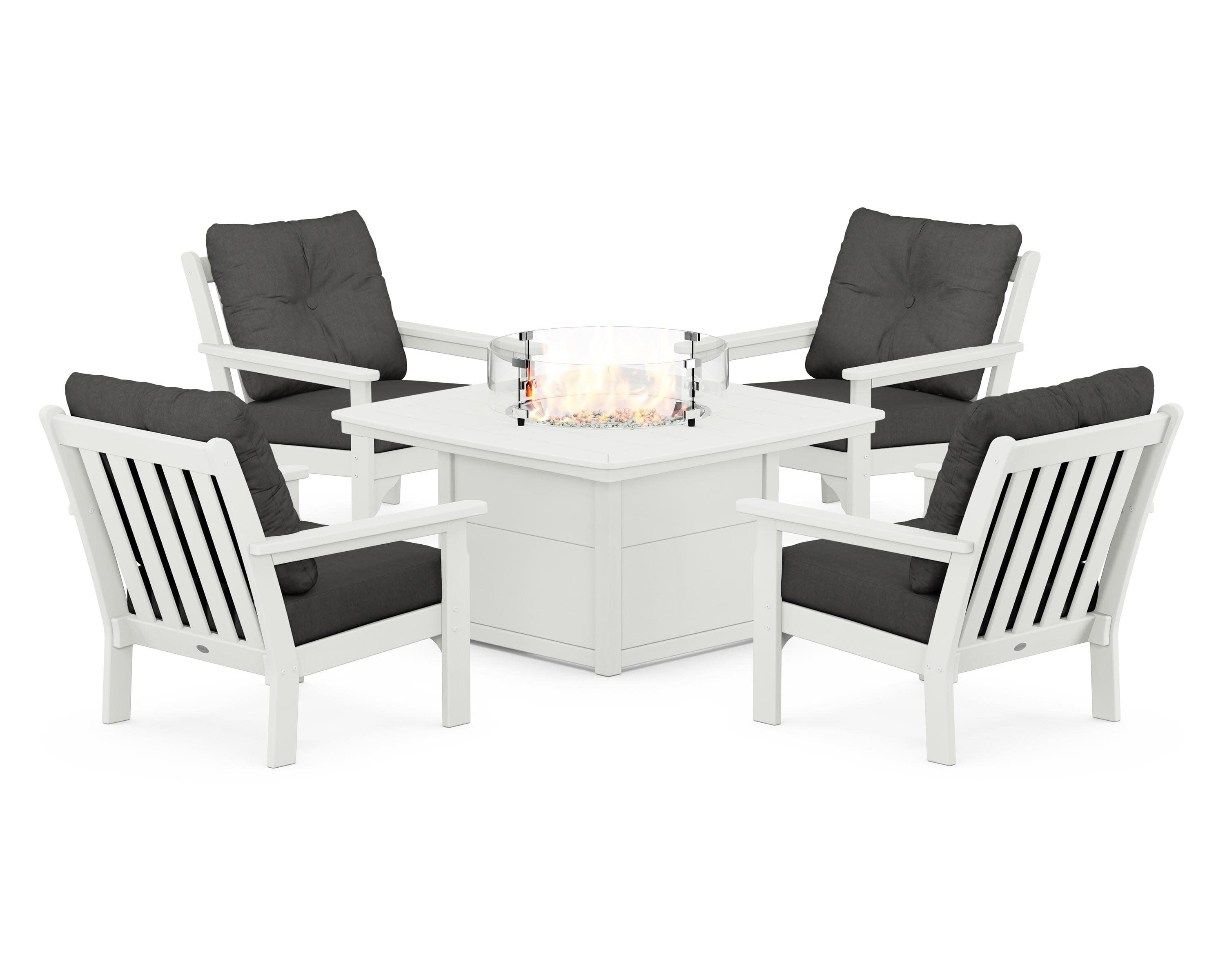 Vineyard 5-Piece Conversation Set with Fire Pit Table in Vintage White / Spectrum Carbon