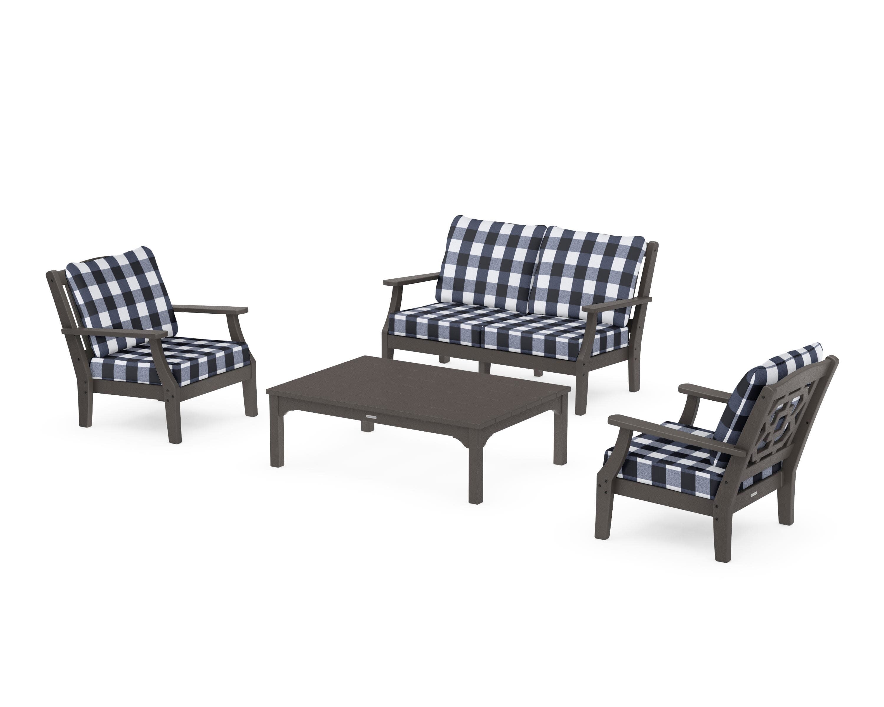 Chinoiserie 4-Piece Deep Seating Set with Loveseat in Vintage Coffee / Buffalo Plaid Marine Indigo