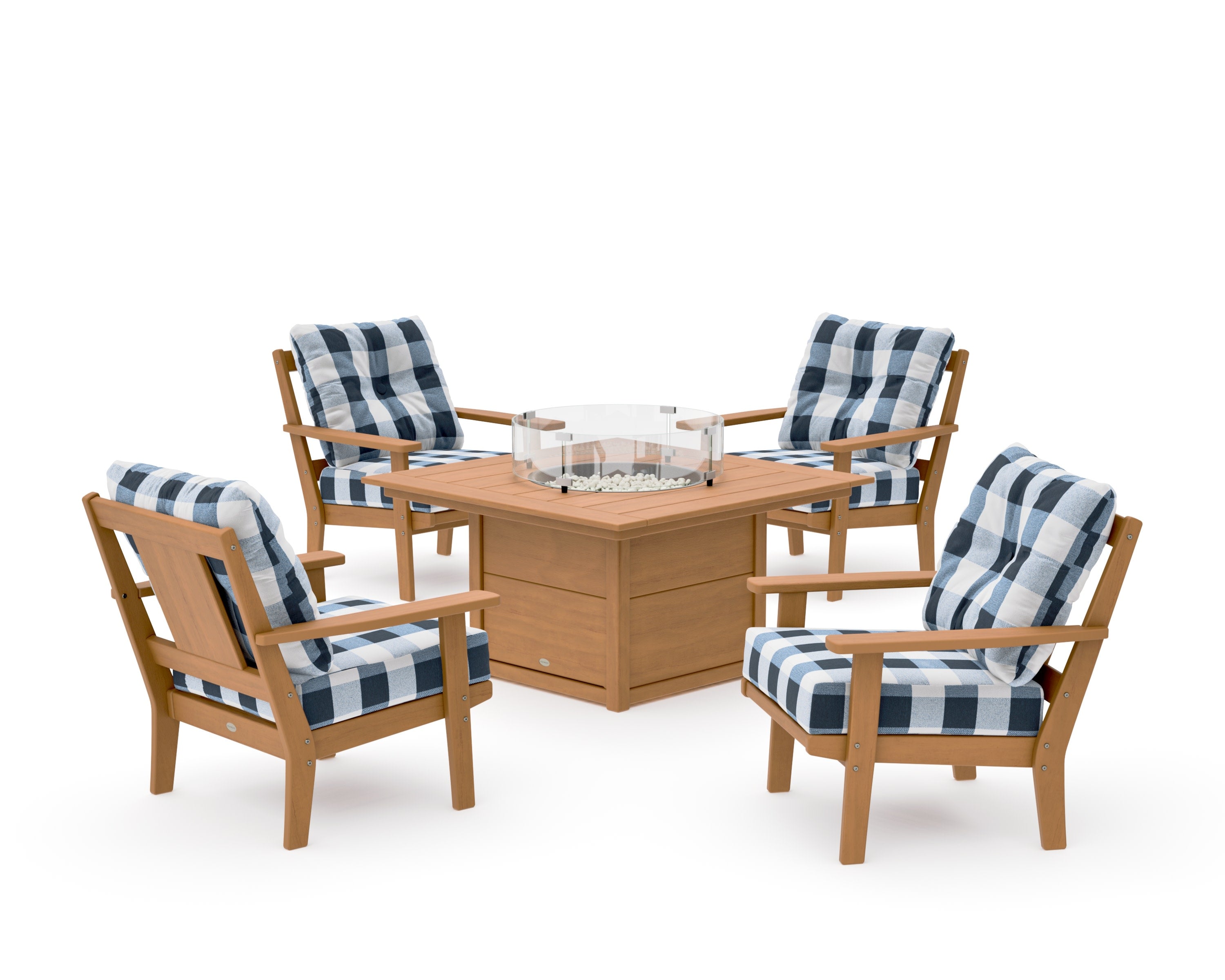 Prairie 5-Piece Deep Seating Set with Fire Pit Table in Natural / Buffalo Plaid Marine Indigo