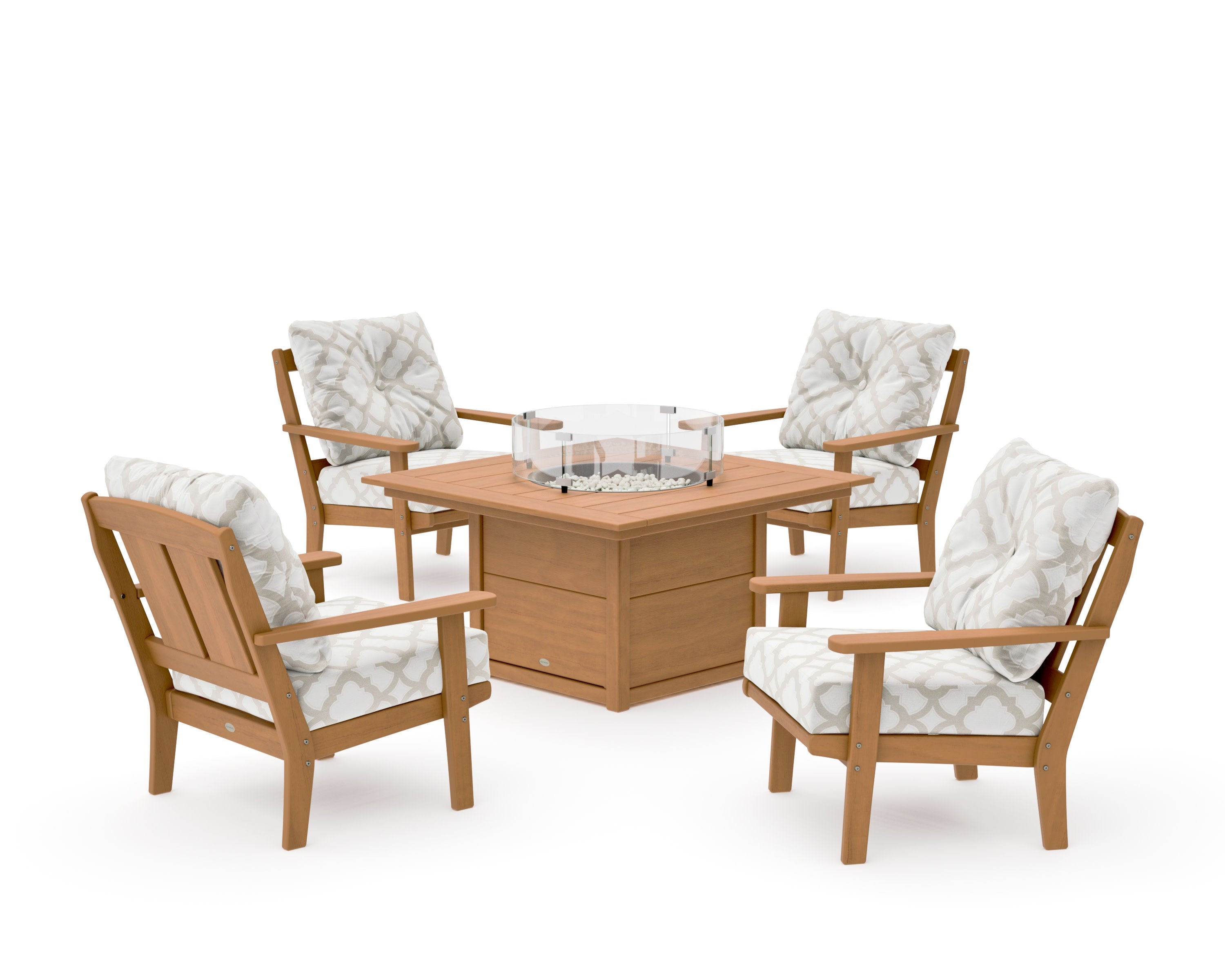 Mission 5-Piece Deep Seating Set with Fire Pit Table in Natural / Trellis Dune Burlap